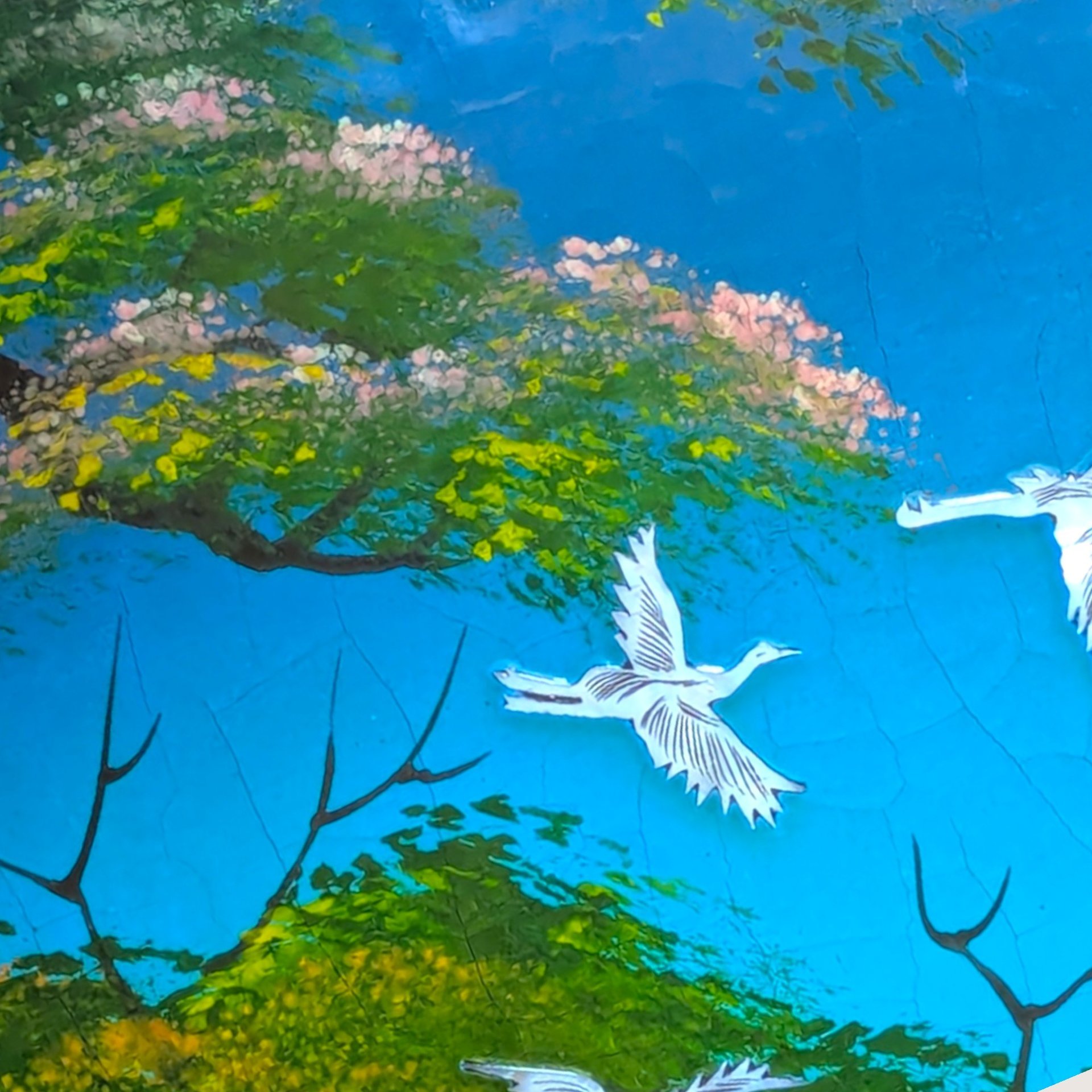 Vintage Asian Lacquer Mother of Pearl Inlay Crane Bird Wall Panel