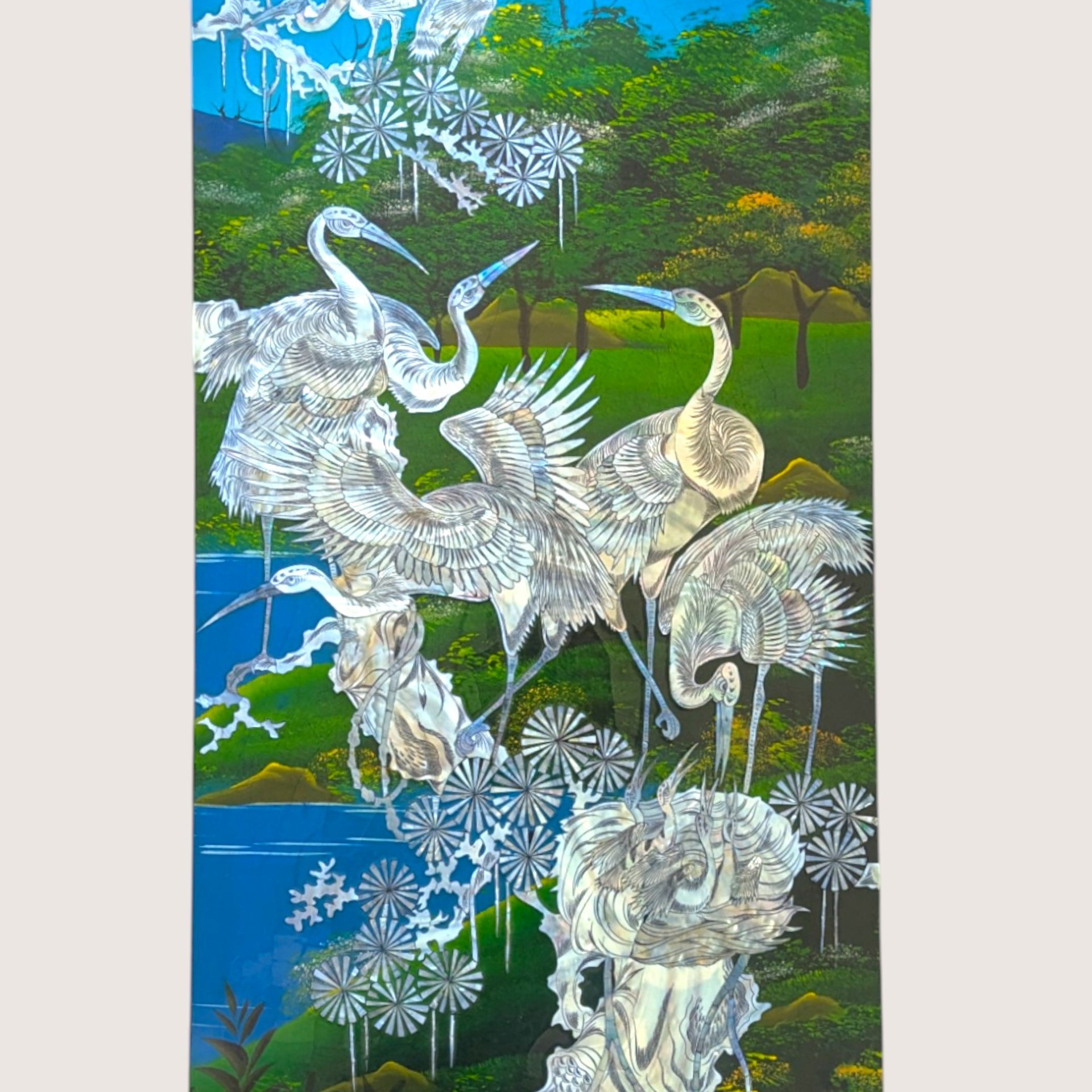 Vintage Asian Lacquer Mother of Pearl Inlay Crane Bird Wall Panel