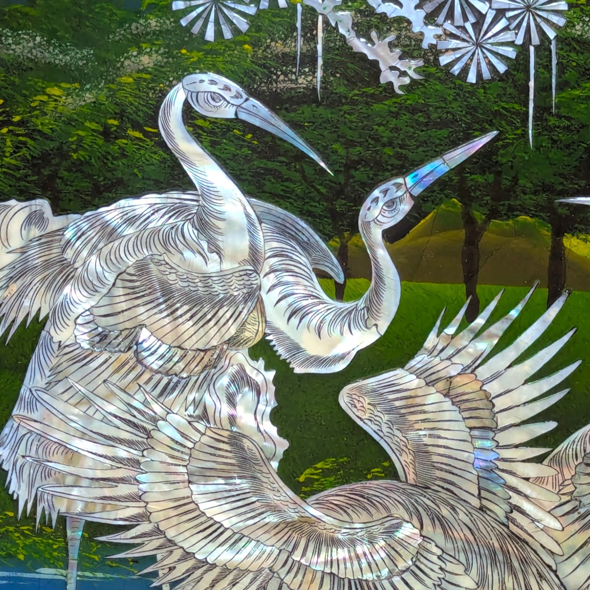 Vintage Asian Lacquer Mother of Pearl Inlay Crane Bird Wall Panel