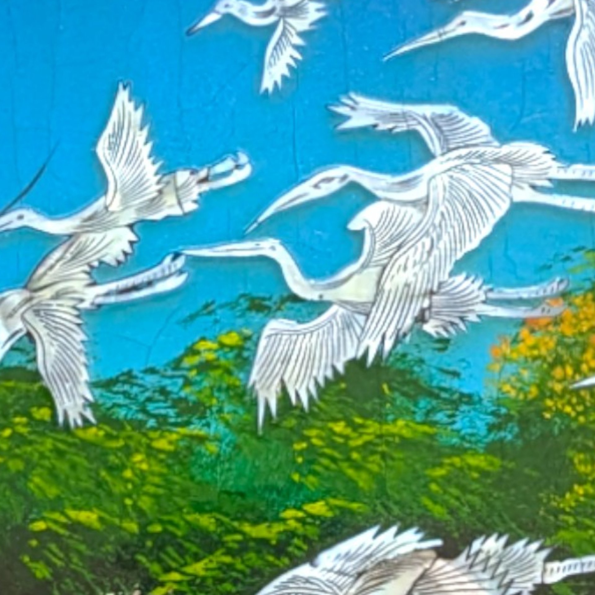 Vintage Asian Lacquer Mother of Pearl Inlay Crane Bird Wall Panel