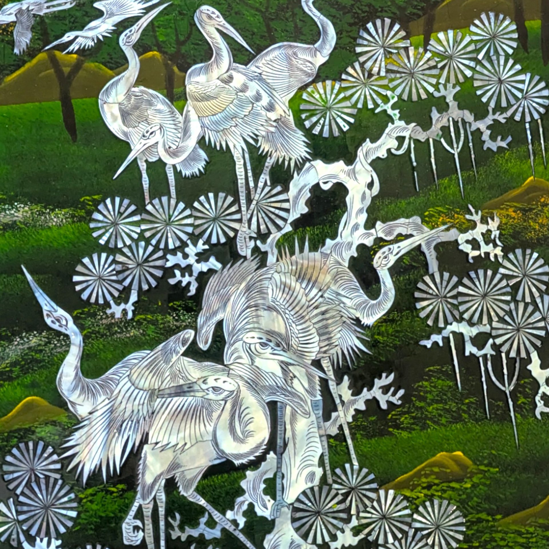 Vintage Asian Lacquer Mother of Pearl Inlay Crane Bird Wall Panel