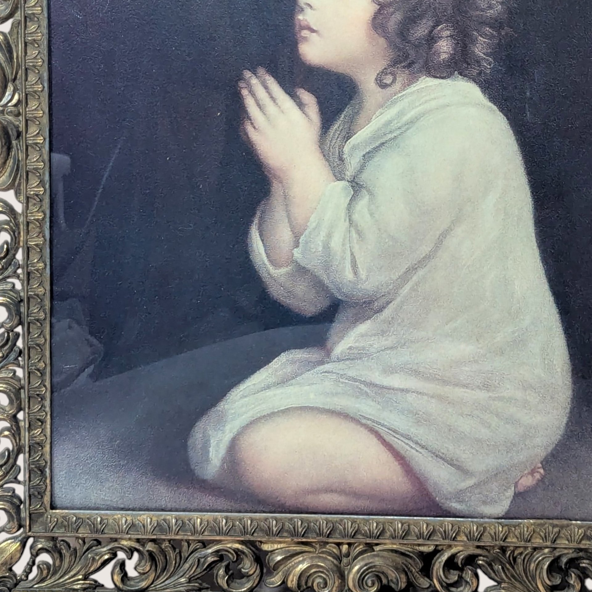 Vintage Heavy Brass Framed The Infant Samuel Sir Joshua Reynolds Bubble Glass Print