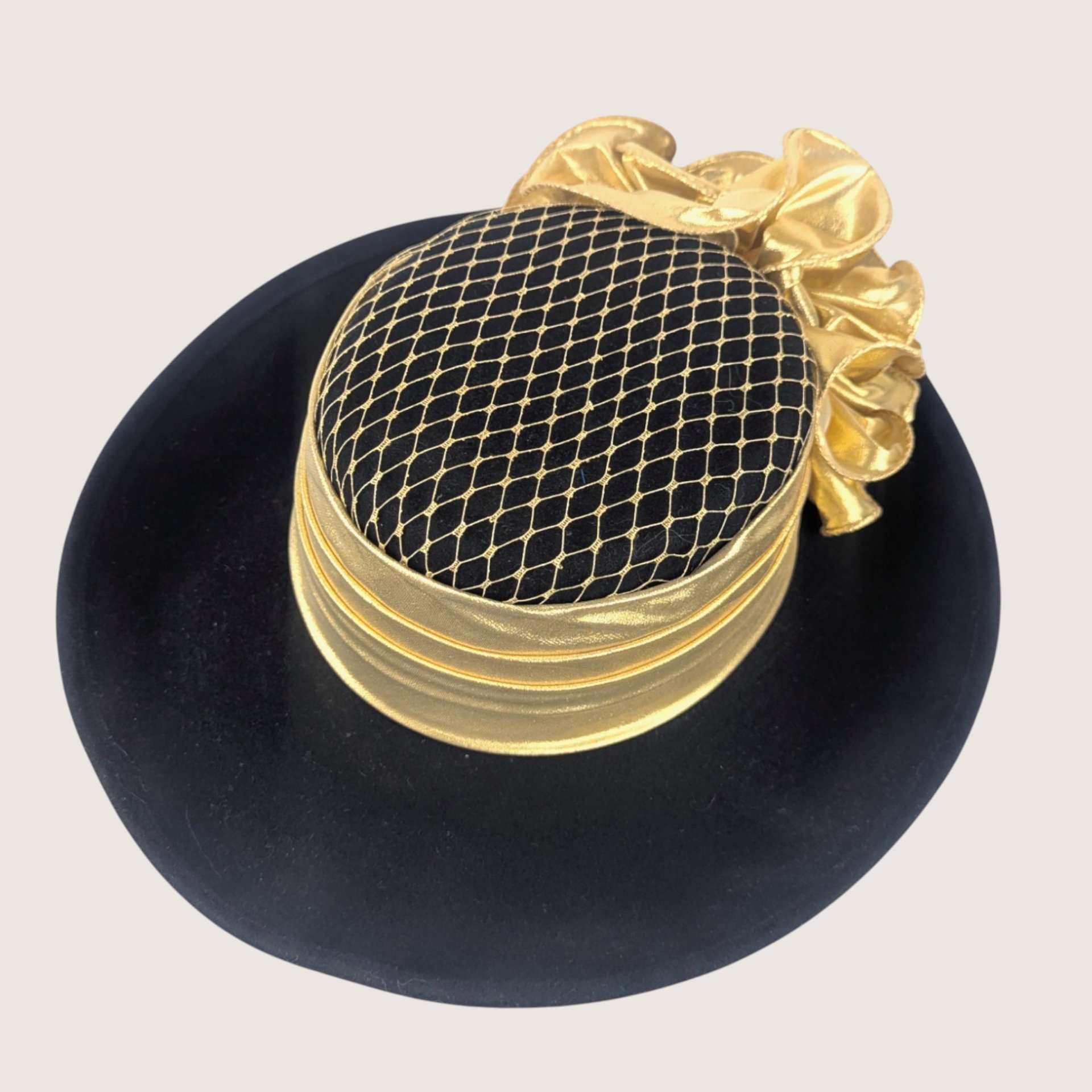 Vintage Sonni San Francisco Black Wool Metallic Gold Cocktail Brim Hat