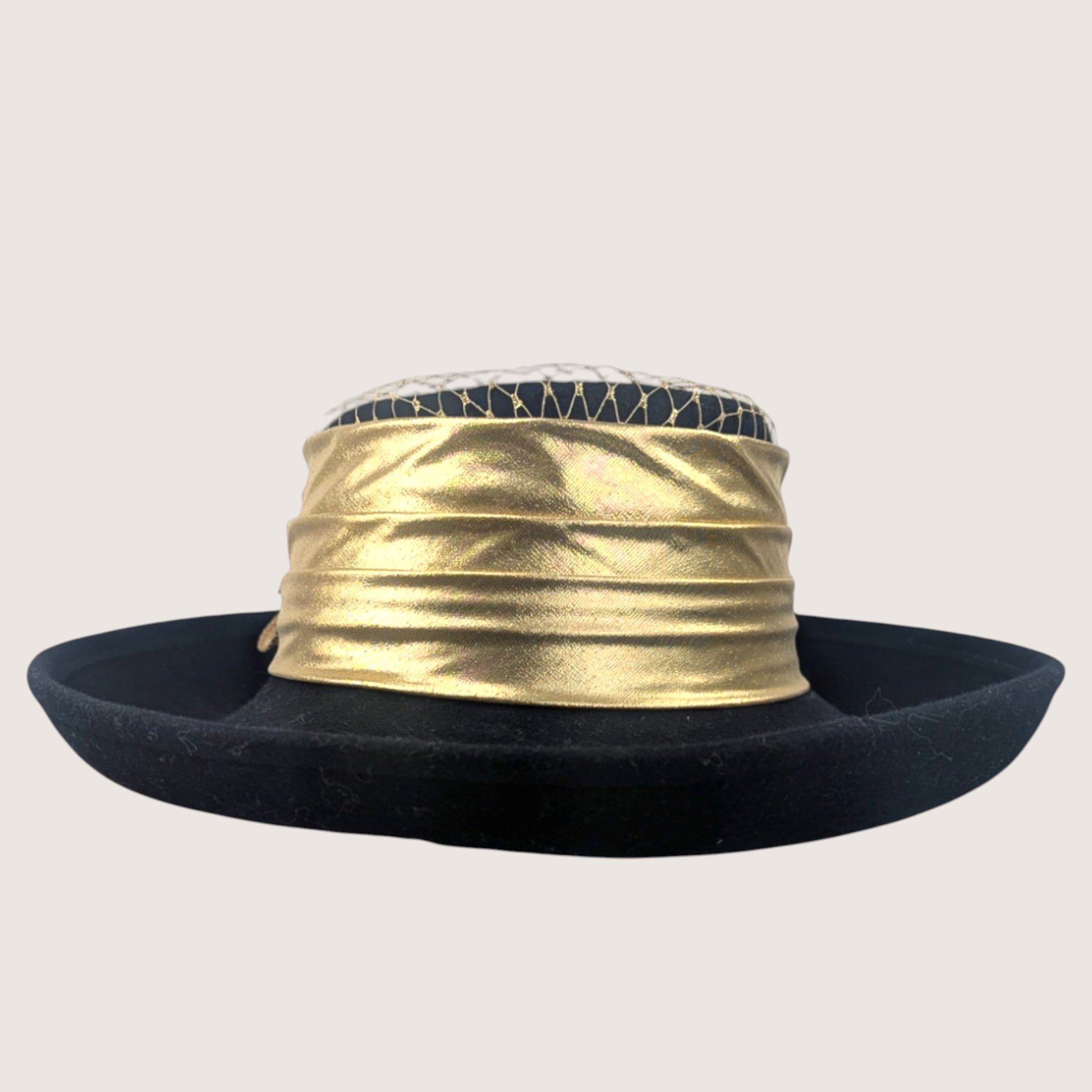 Vintage Sonni San Francisco Black Wool Metallic Gold Cocktail Brim Hat