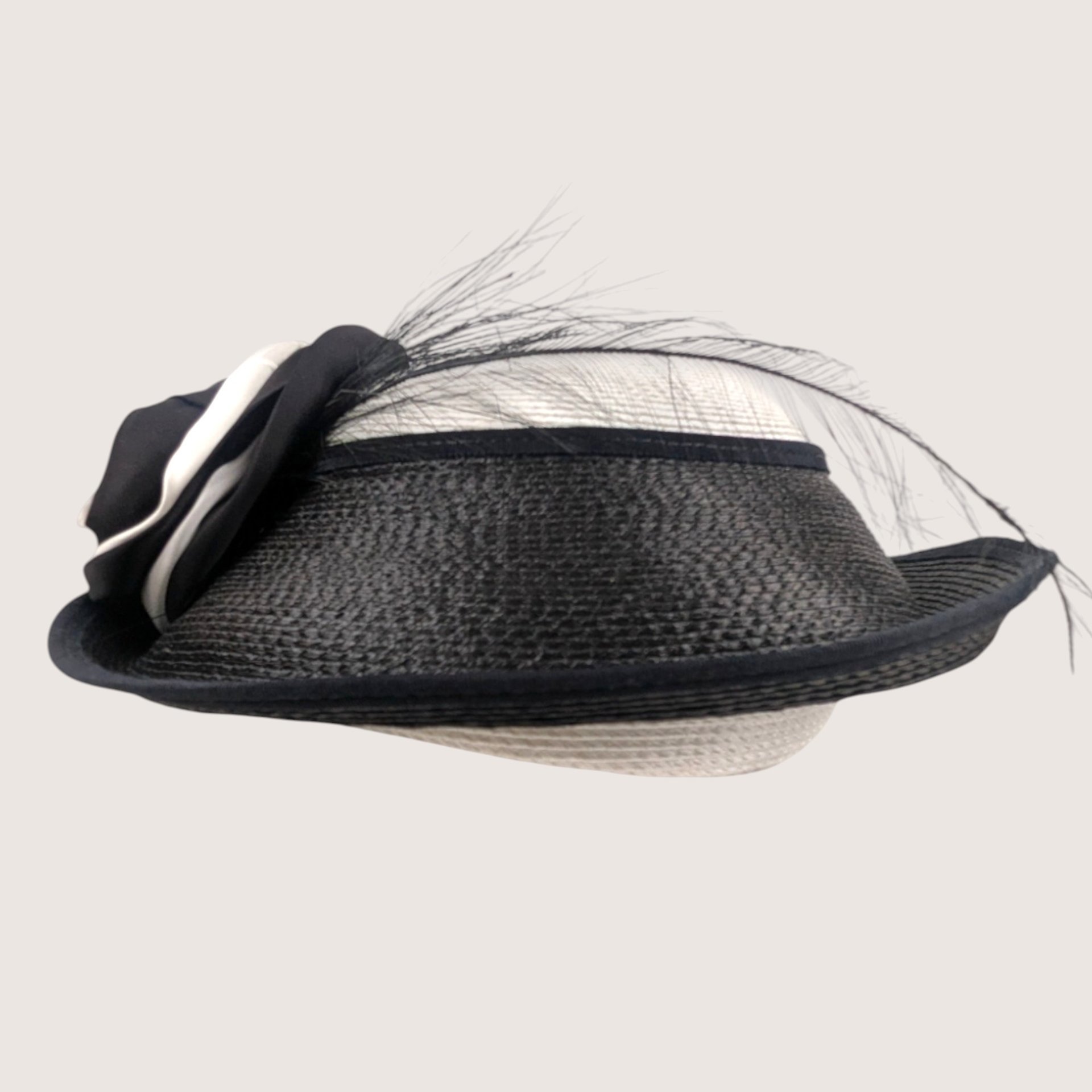 Vintage Jody G for Sylvia Black and White Straw Cocktail Brim Hat