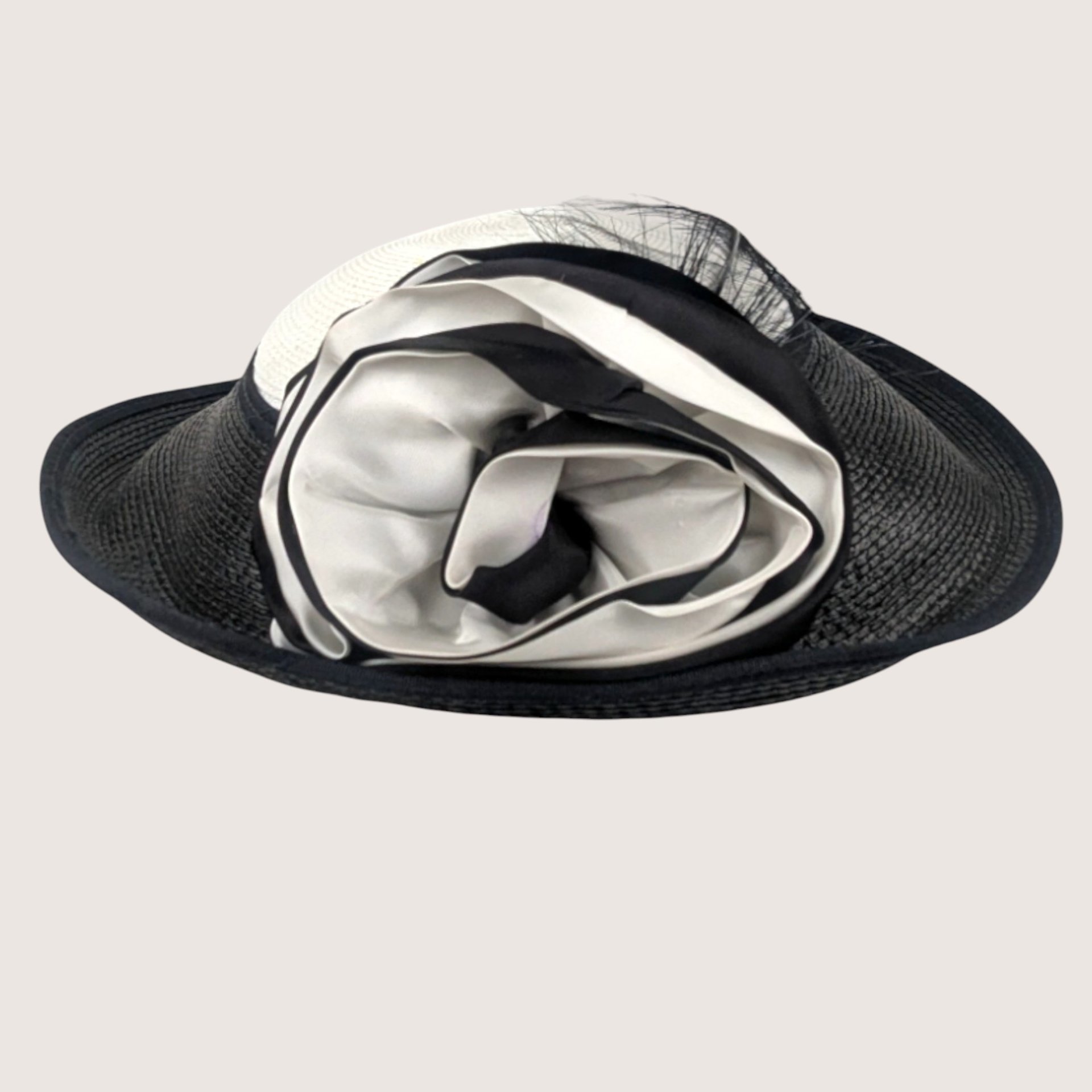 Vintage Jody G for Sylvia Black and White Straw Cocktail Brim Hat