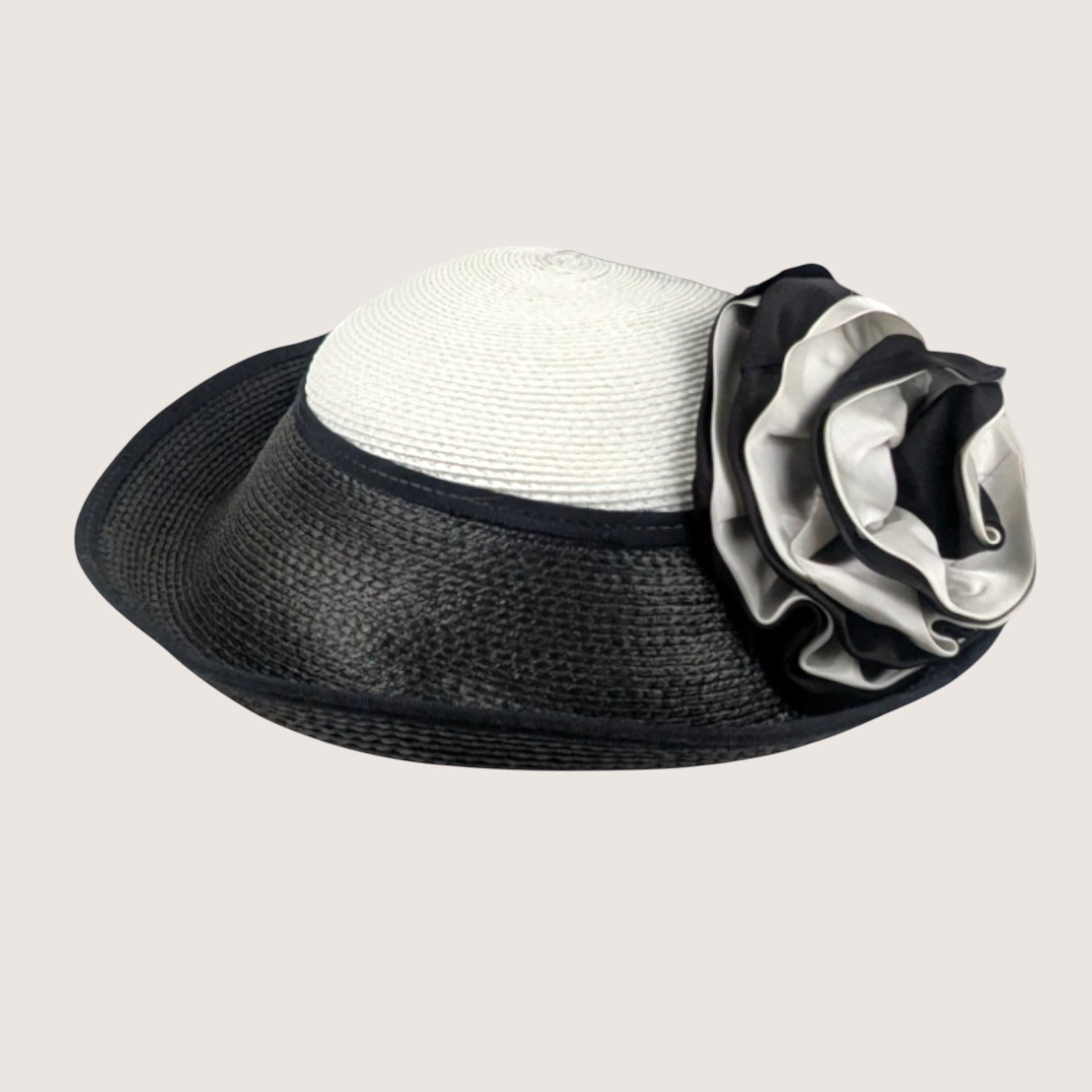 Vintage Jody G for Sylvia Black and White Straw Cocktail Brim Hat