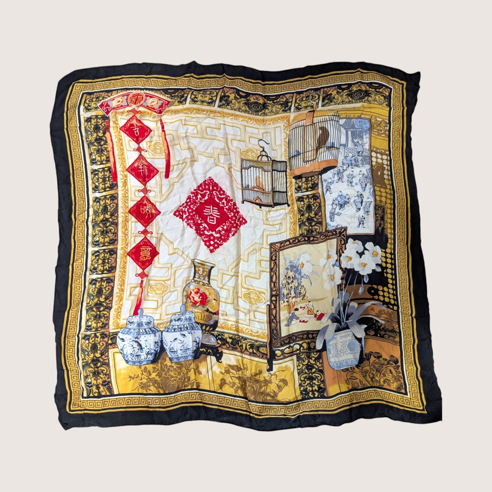 Vintage Huali Silk Scarf Asian Ginger Jar Print