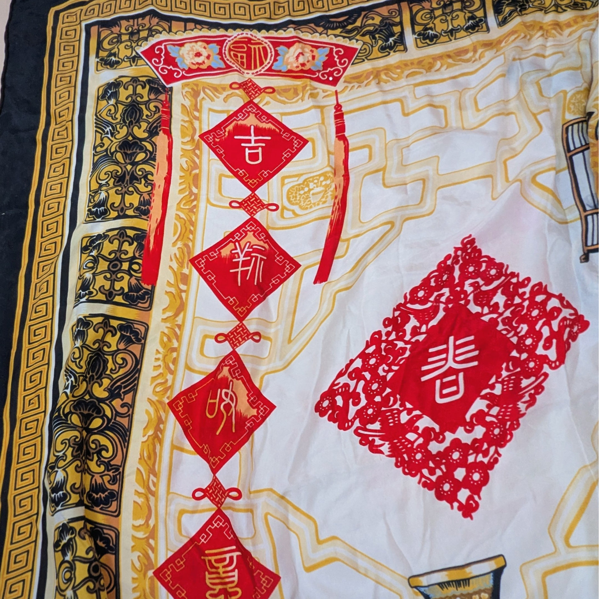 Vintage Huali Silk Scarf Asian Ginger Jar Print