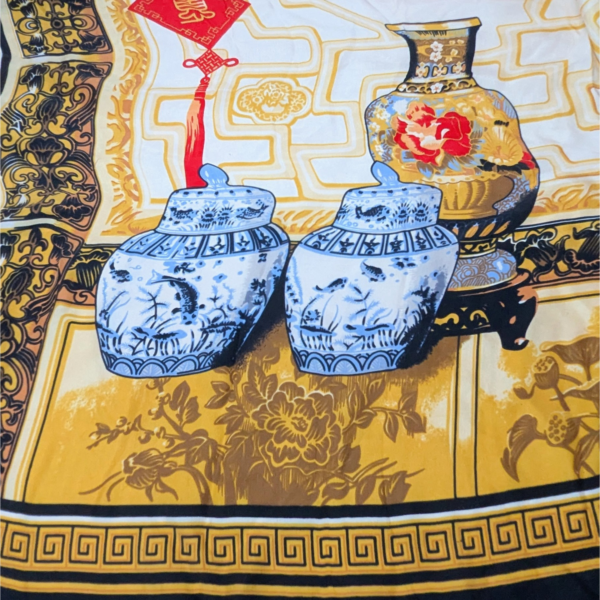 Vintage Huali Silk Scarf Asian Ginger Jar Print