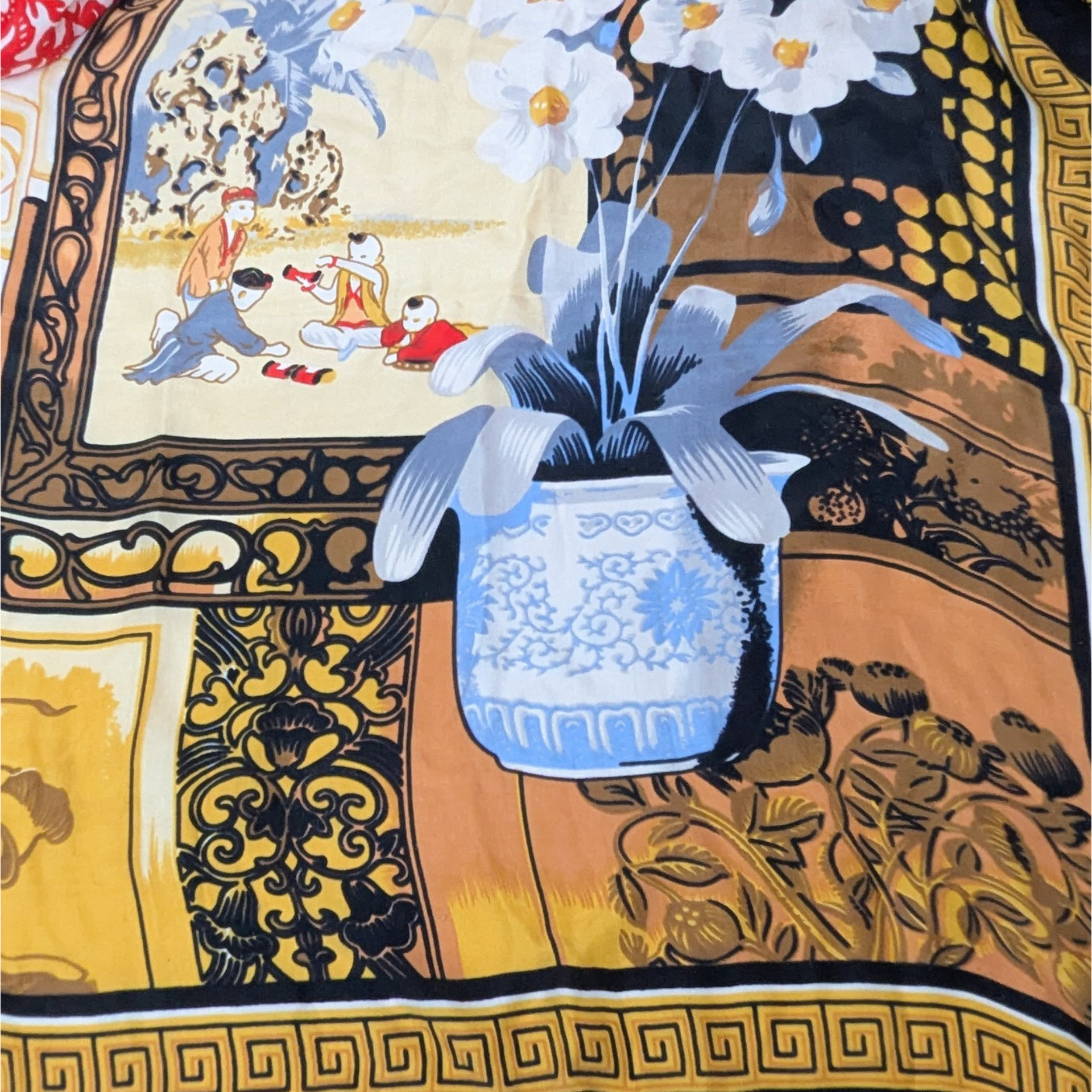 Vintage Huali Silk Scarf Asian Ginger Jar Print