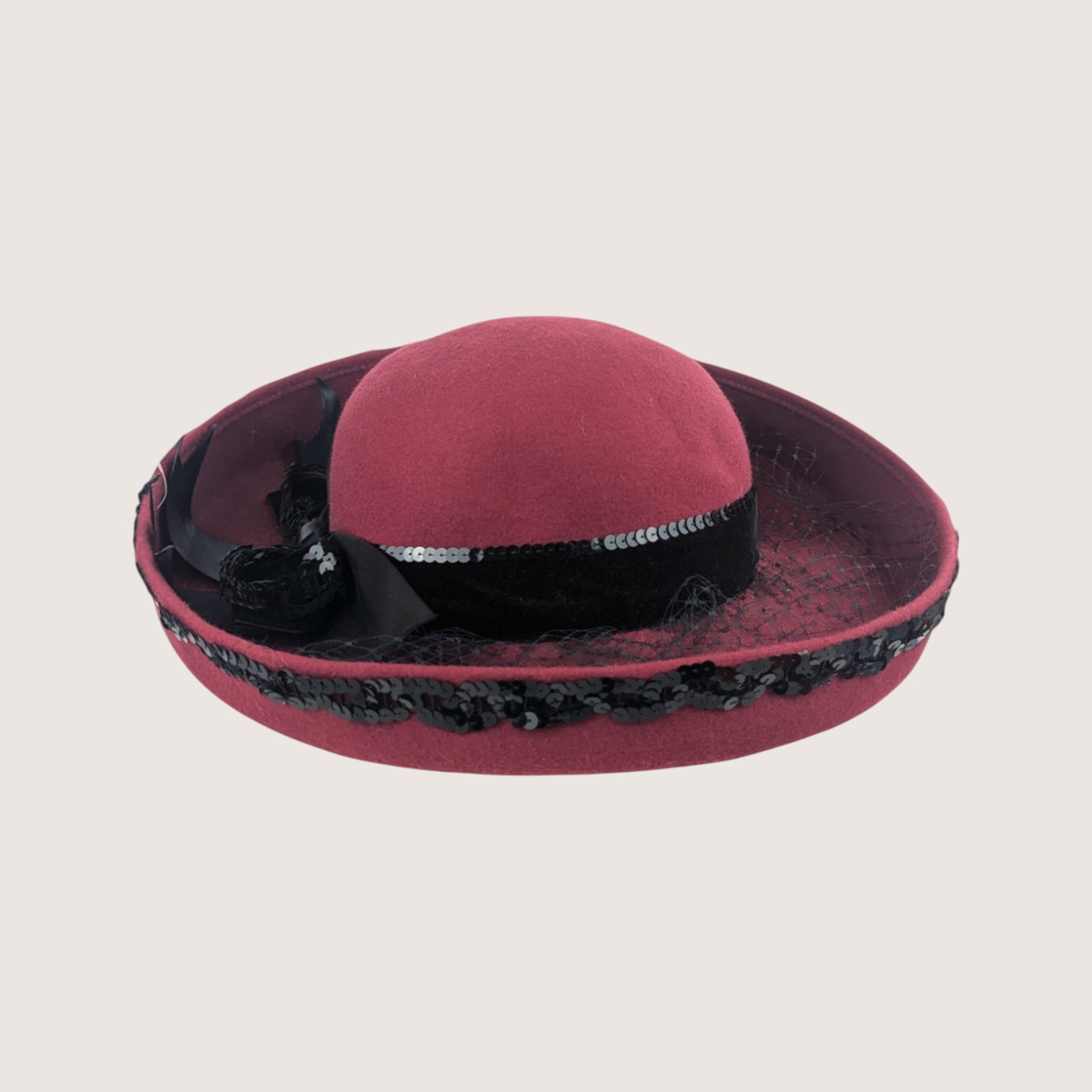 Vintage Delisa Wool Burgundy Sequin Cocktail Brim Hat Daytons Tag