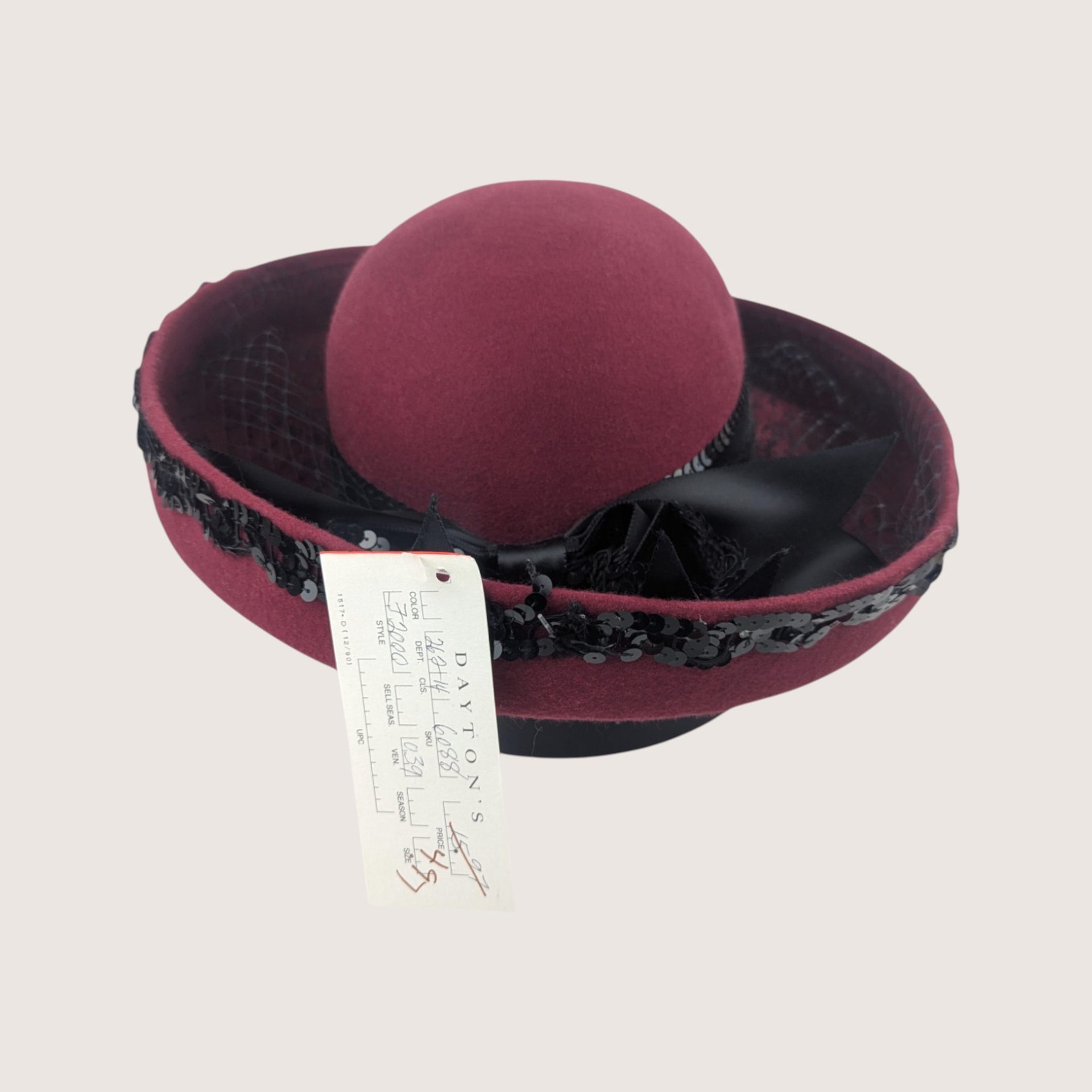 Vintage Delisa Wool Burgundy Sequin Cocktail Brim Hat Daytons Tag