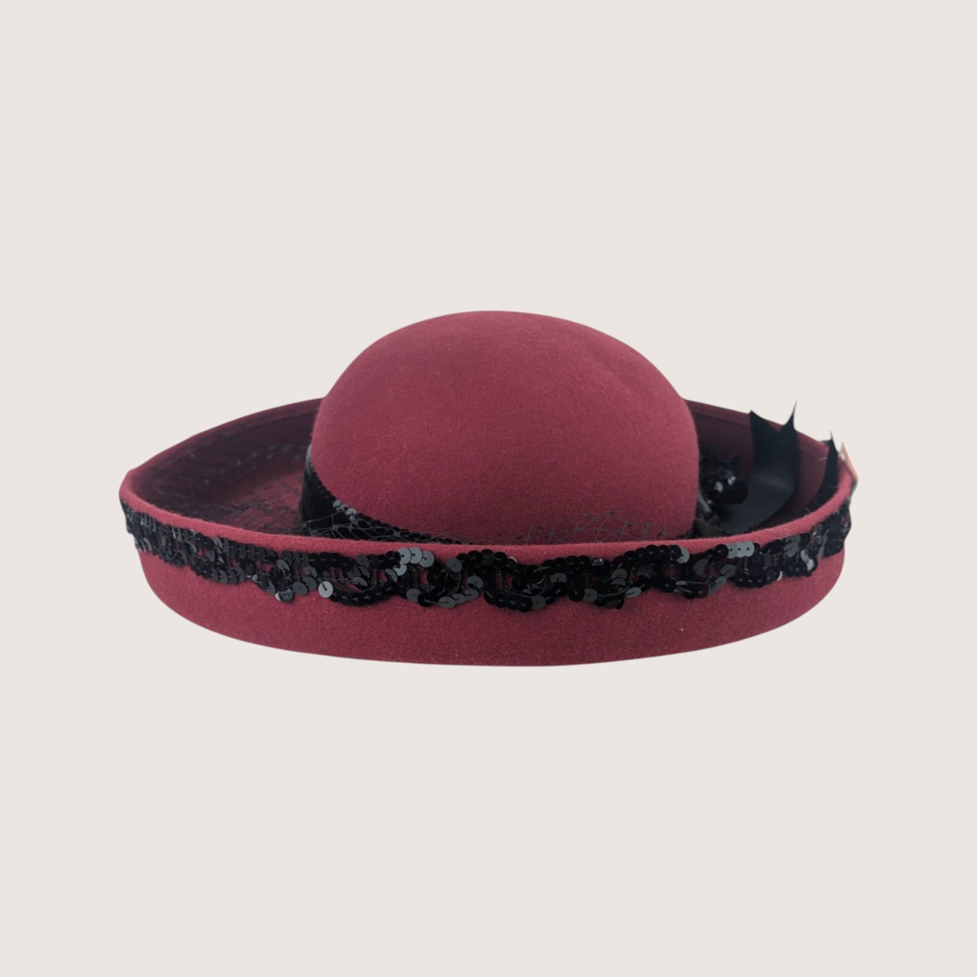 Vintage Delisa Wool Burgundy Sequin Cocktail Brim Hat Daytons Tag