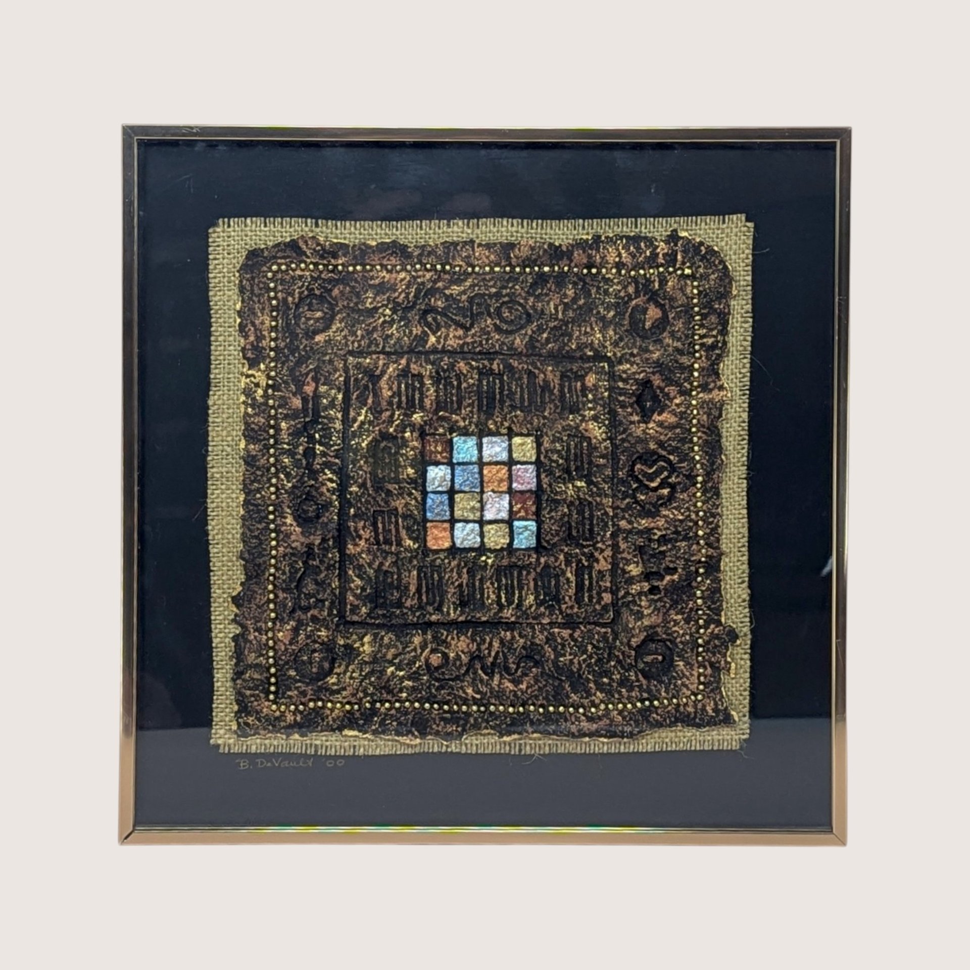 A framed 2000 mixed media painting by Barbara DeVault featuring textured handmade paper, paint, and beadwork.