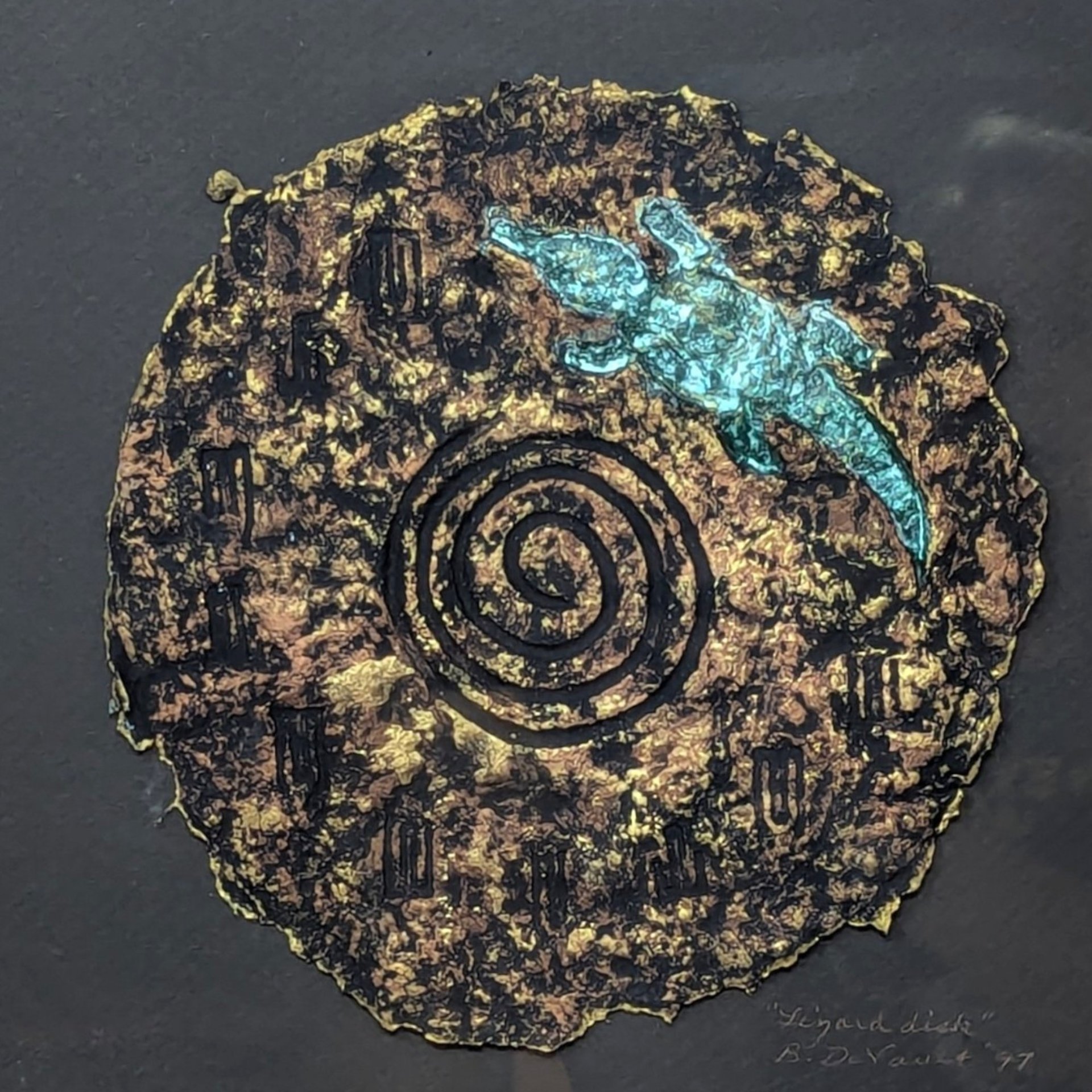 1997 Barbara DeVault Framed Lizard Disk Mixed Media Handmade Paper Painting