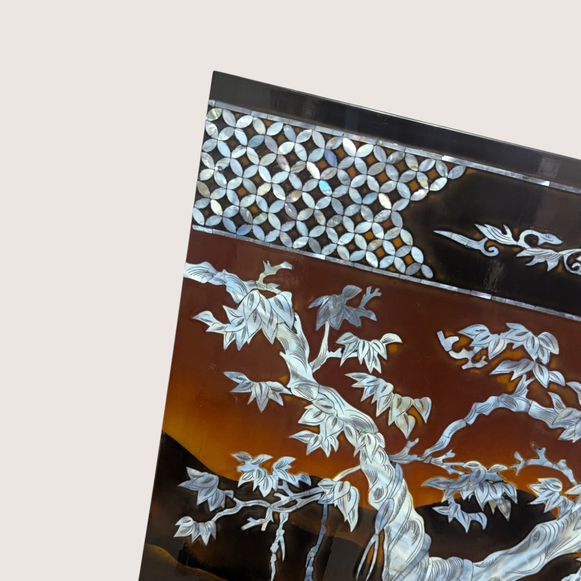 Vintage Mid Century Vietnamese Mother of Pearl Inlay Lacquer Wall Panel