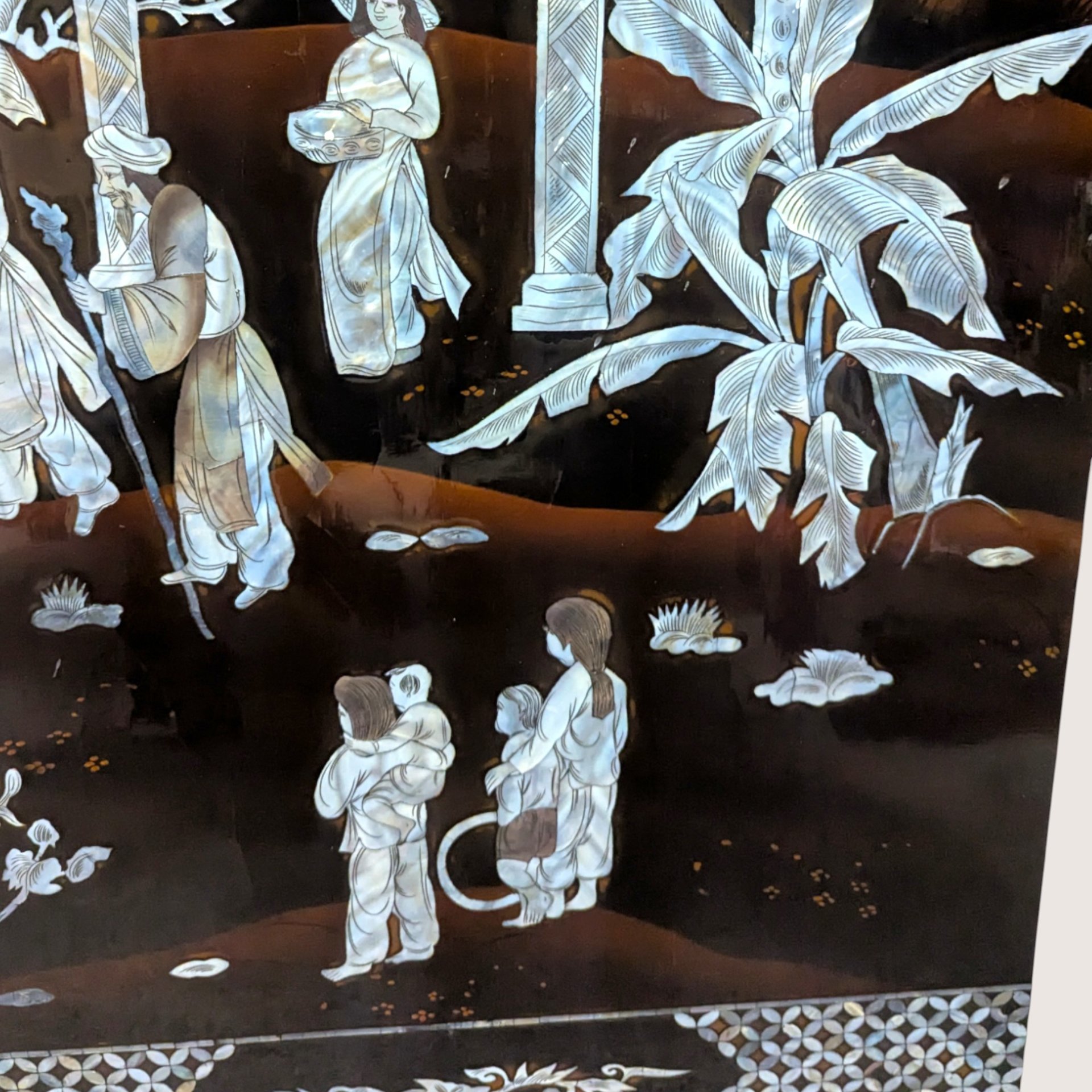 1960s Vietnamese Mother of Pearl Inlay Lacquer Wall Panel Paired Piece