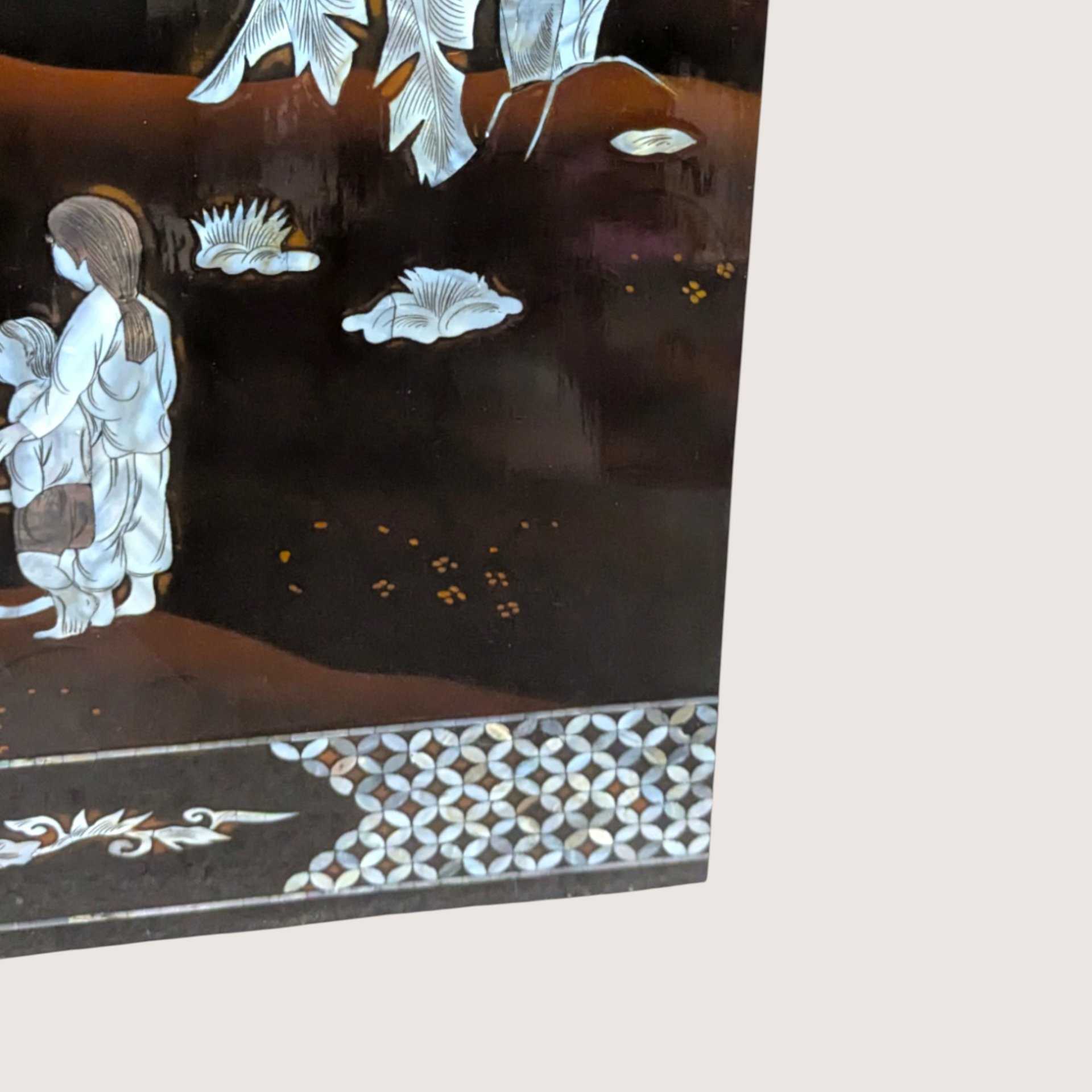 1960s Vietnamese Mother of Pearl Inlay Lacquer Wall Panel Paired Piece