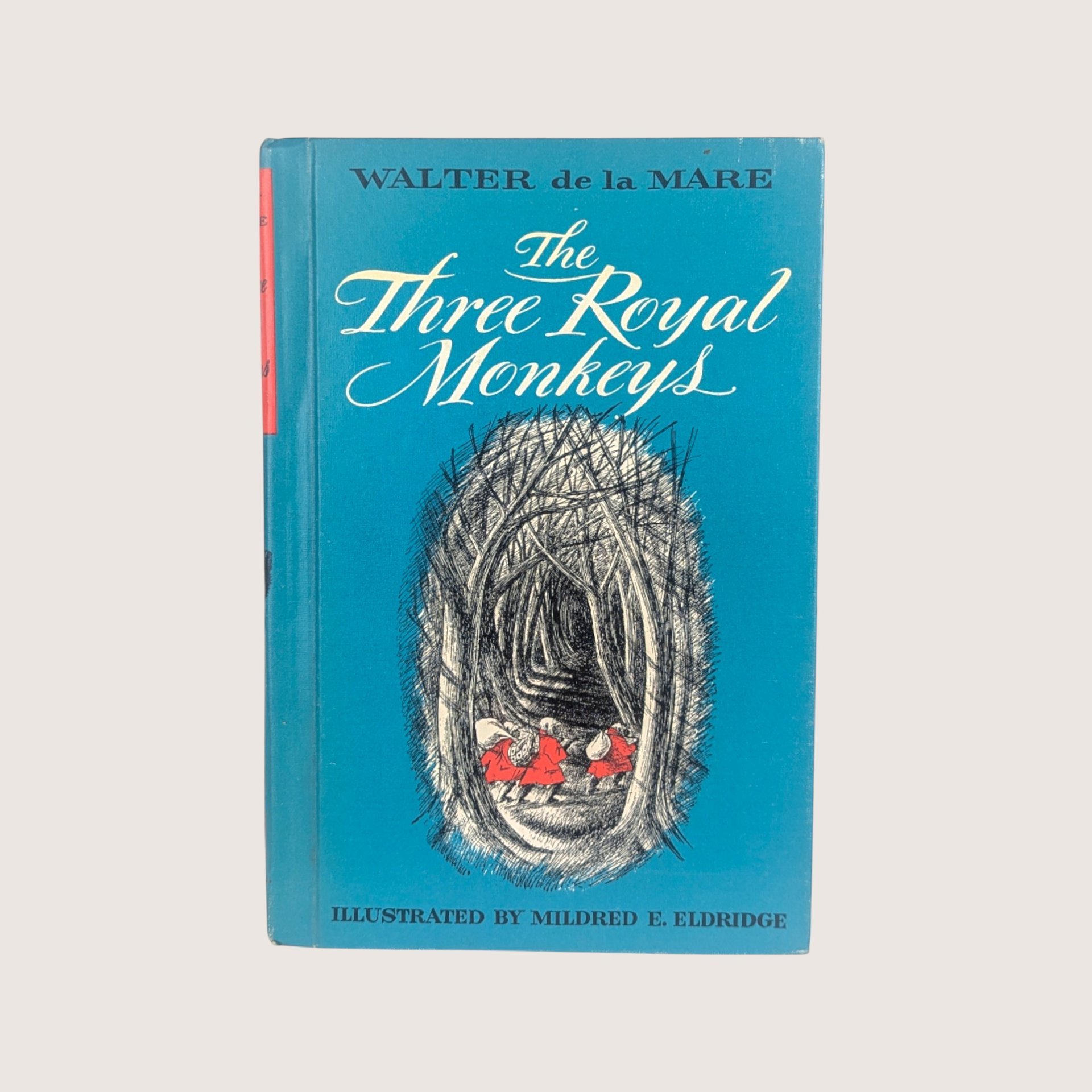 Vintage teal hardcover edition of The Three Royal Monkeys by Walter de la Mare with an illustration of three small figures.