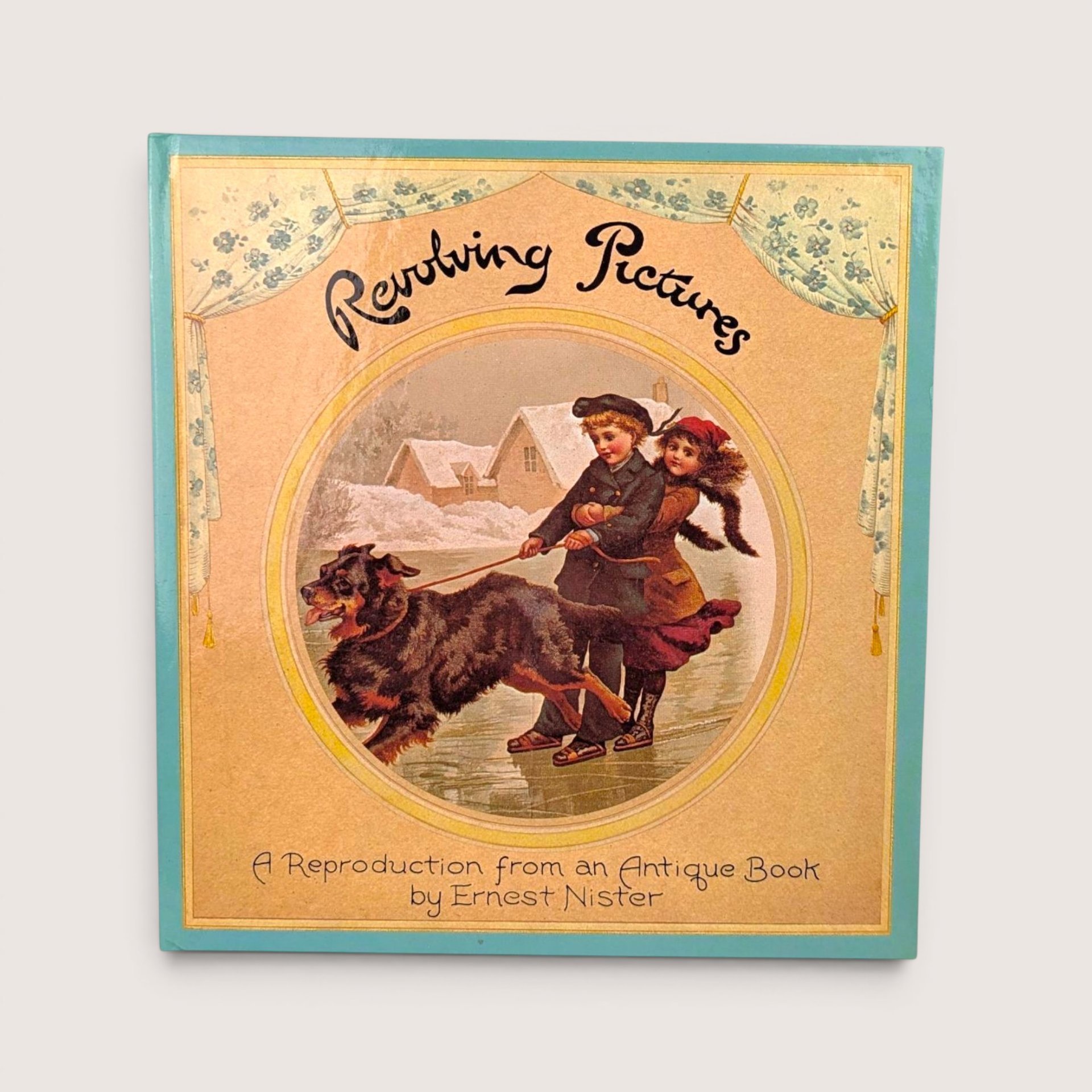A vintage hardcover interactive book cover featuring an illustration of two Victorian children and a dog in winter.