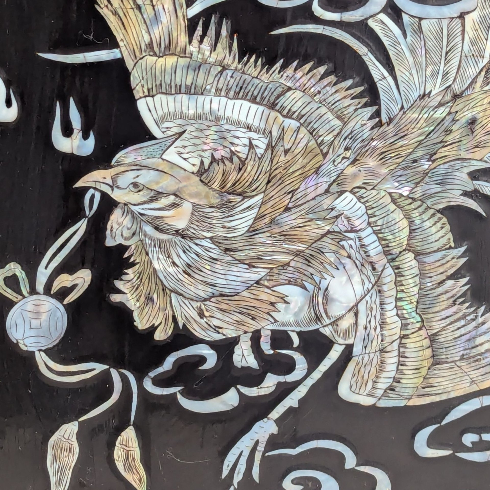 Vintage Asian Lacquer Mother of Pearl Phoenix Wall Panel