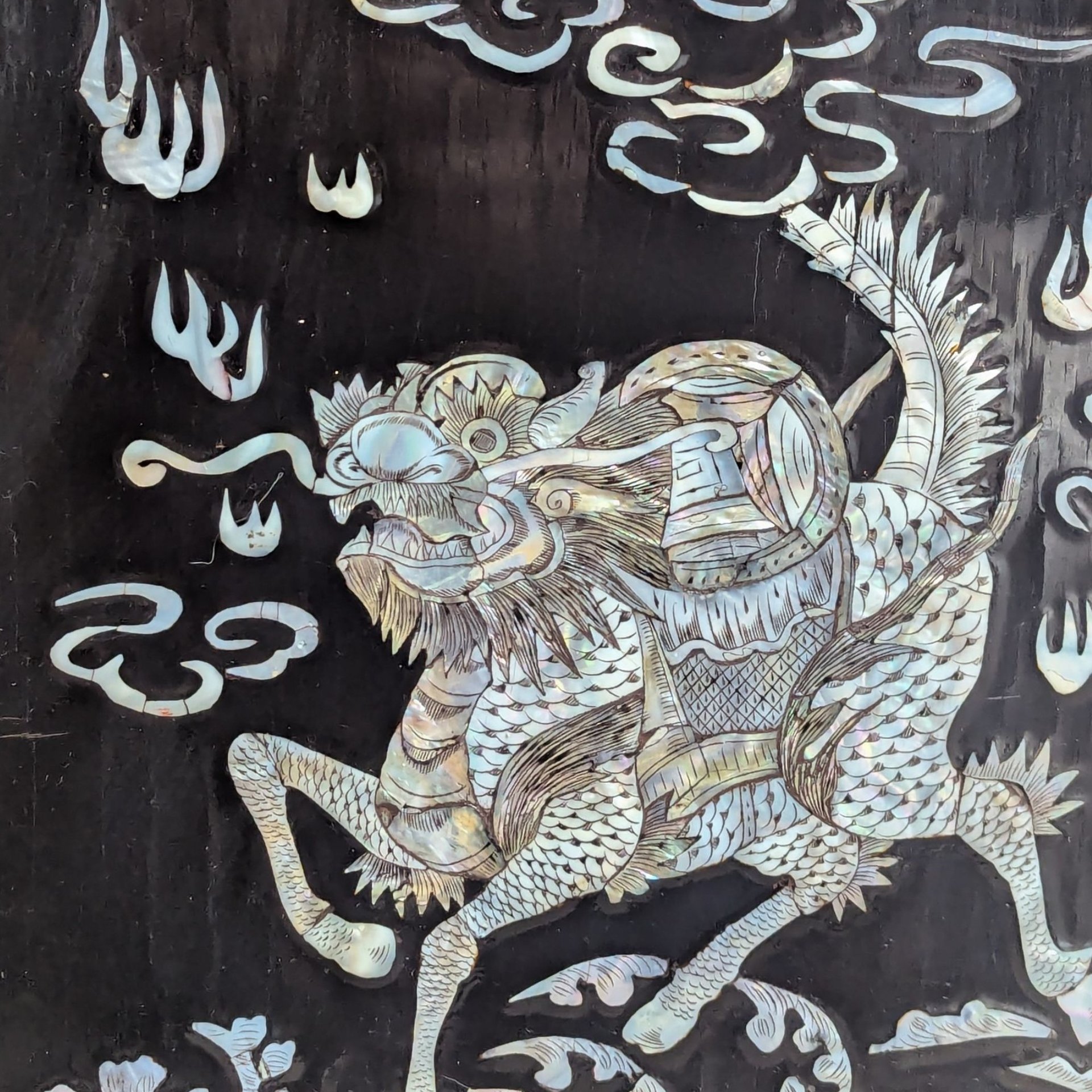 Vintage Asian Lacquer Mother of Pearl Qilin Wall Panel