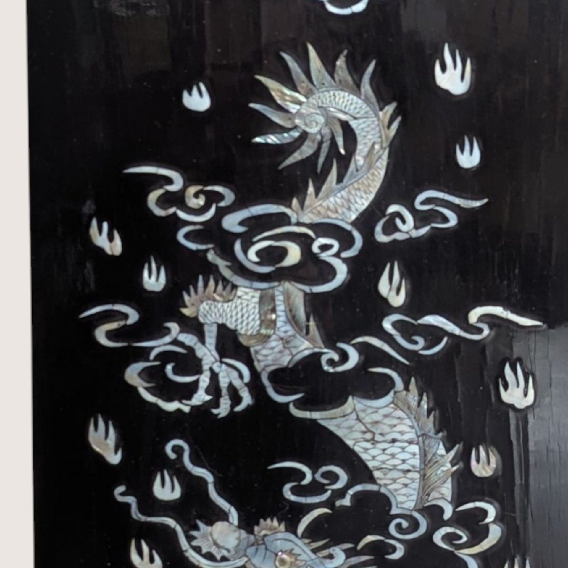 Vintage Asian Lacquer Mother of Pearl Dragon Wall Panel