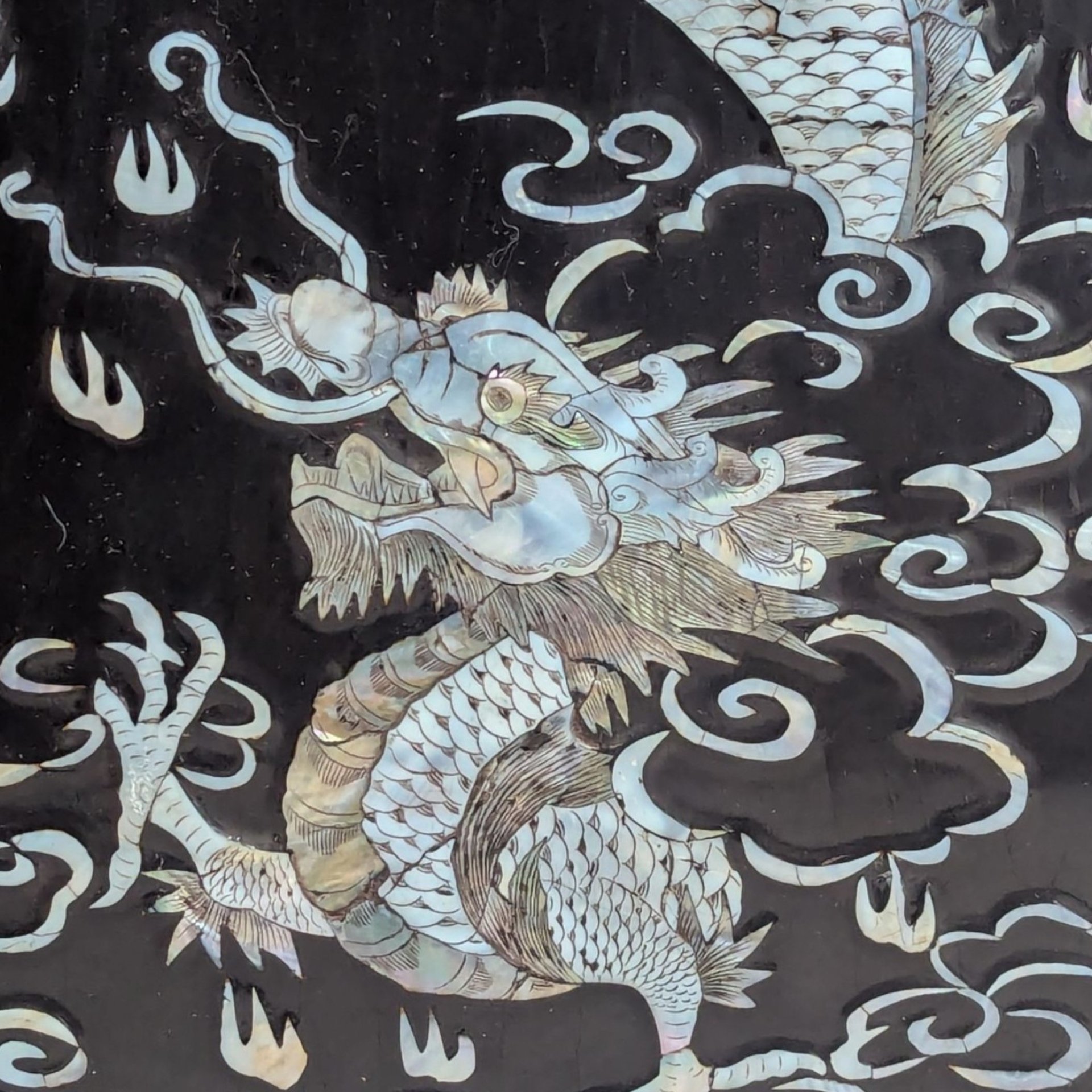 Vintage Asian Lacquer Mother of Pearl Dragon Wall Panel