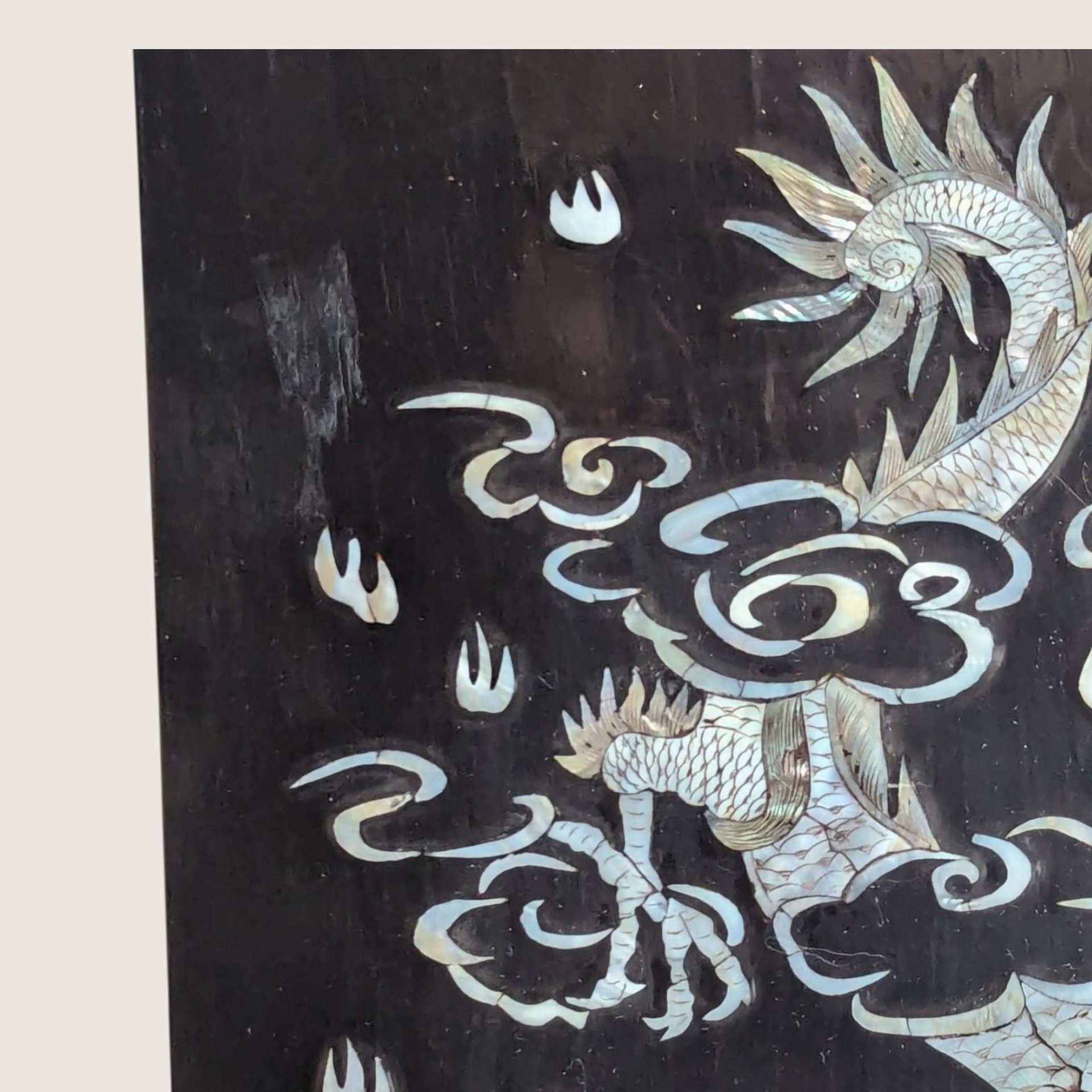 Vintage Asian Lacquer Mother of Pearl Dragon Wall Panel