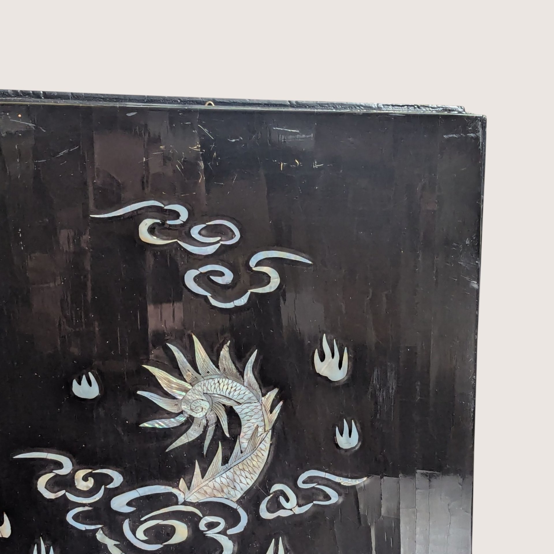 Vintage Asian Lacquer Mother of Pearl Dragon Wall Panel