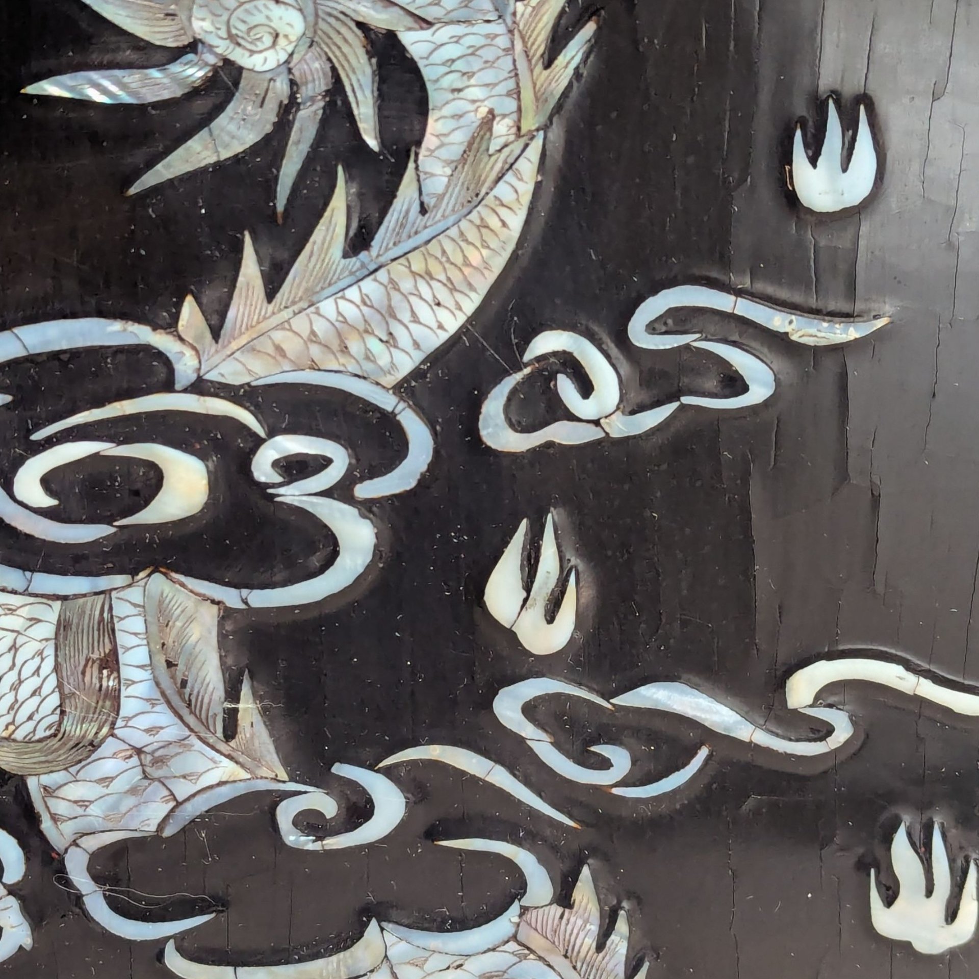 Vintage Asian Lacquer Mother of Pearl Dragon Wall Panel