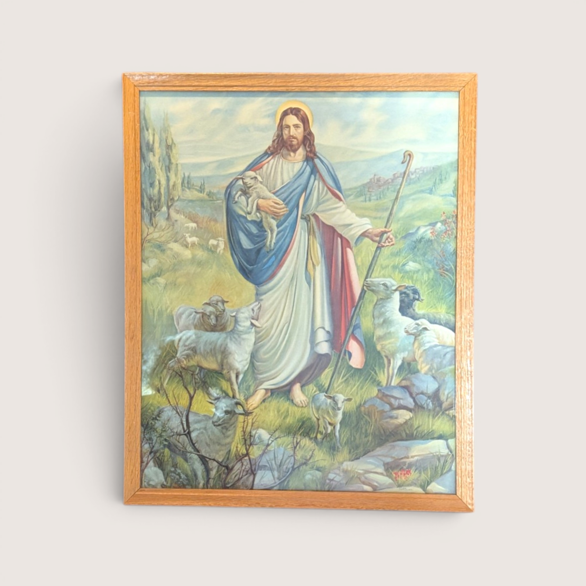 Vintage Framed Jesus The Good Shepherd Lithograph Print
