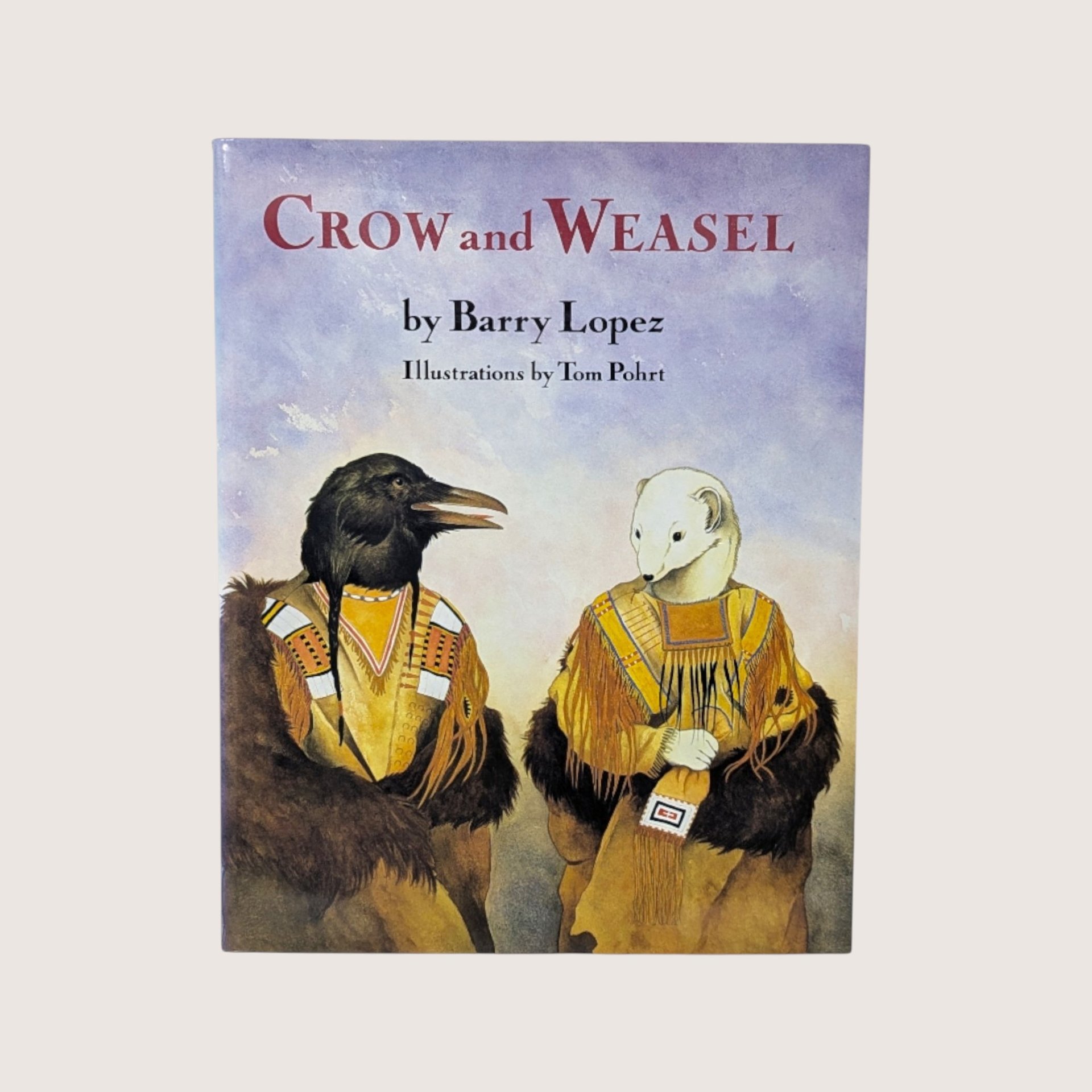The illustrated dust jacket of the book Crow and Weasel by Barry Lopez on a linen background