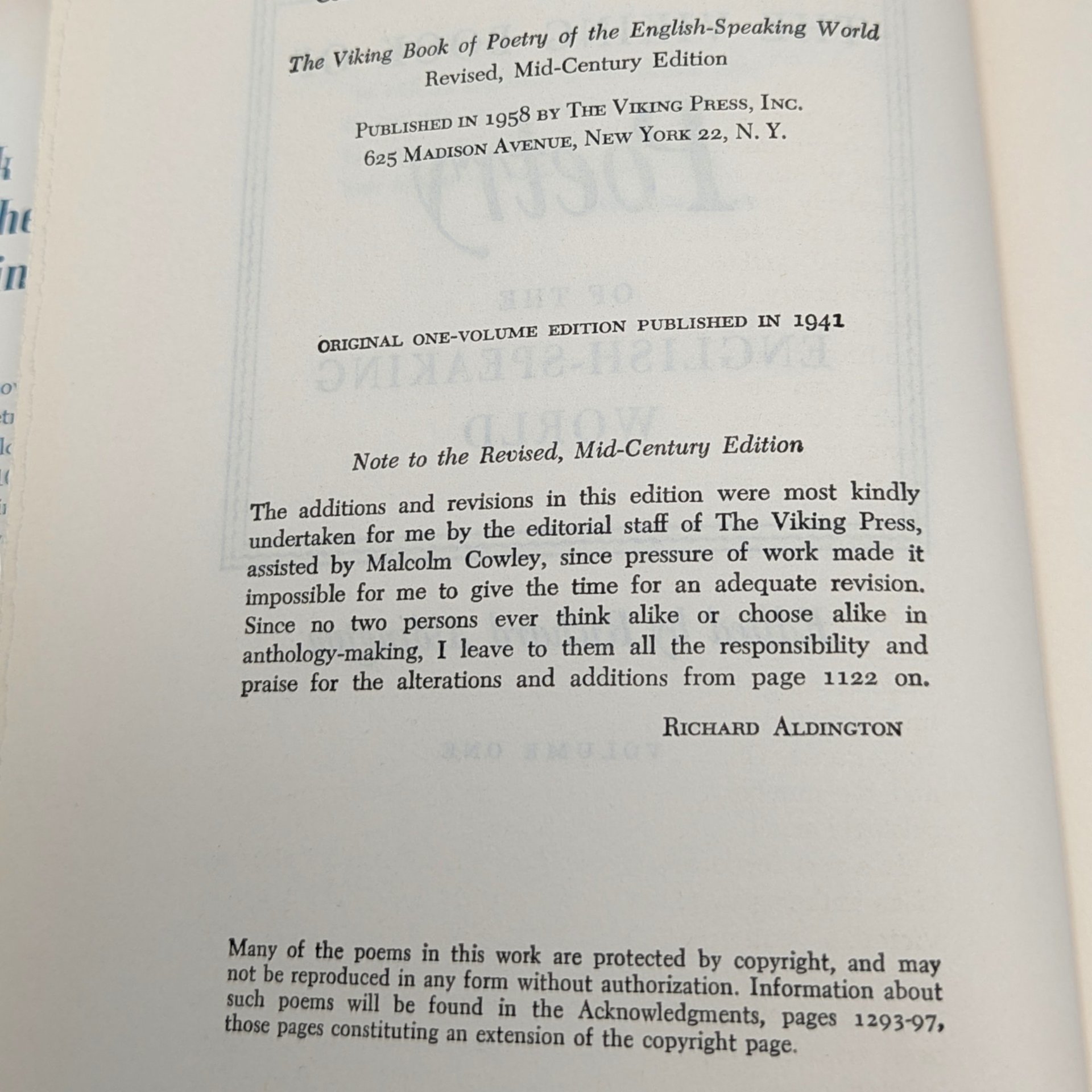 1958 The Viking Book of Poetry of the English Speaking World Hardcover Book