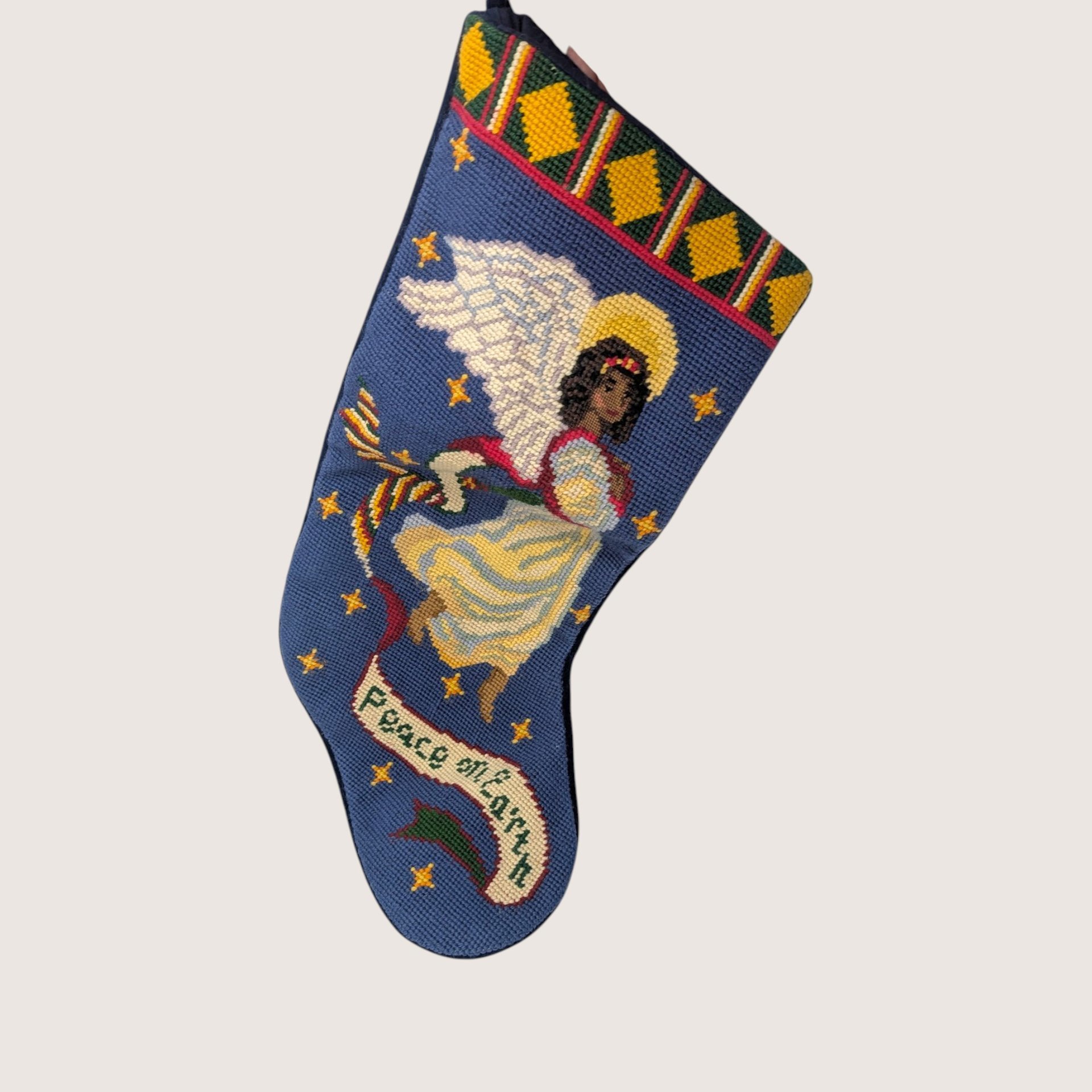 Vintage Needlepoint Christmas Stocking Angel Peace On Earth