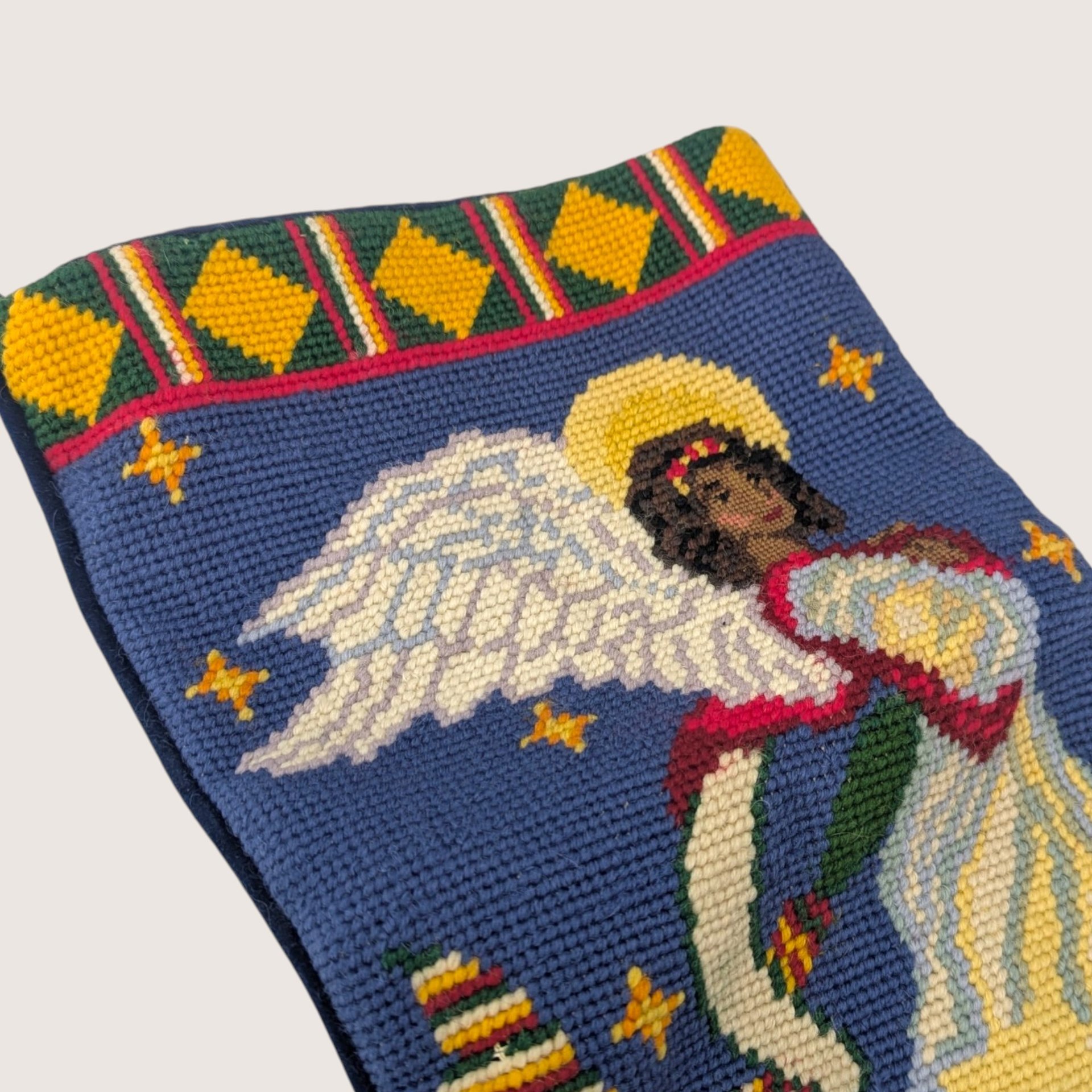 Vintage Needlepoint Christmas Stocking Angel Peace On Earth