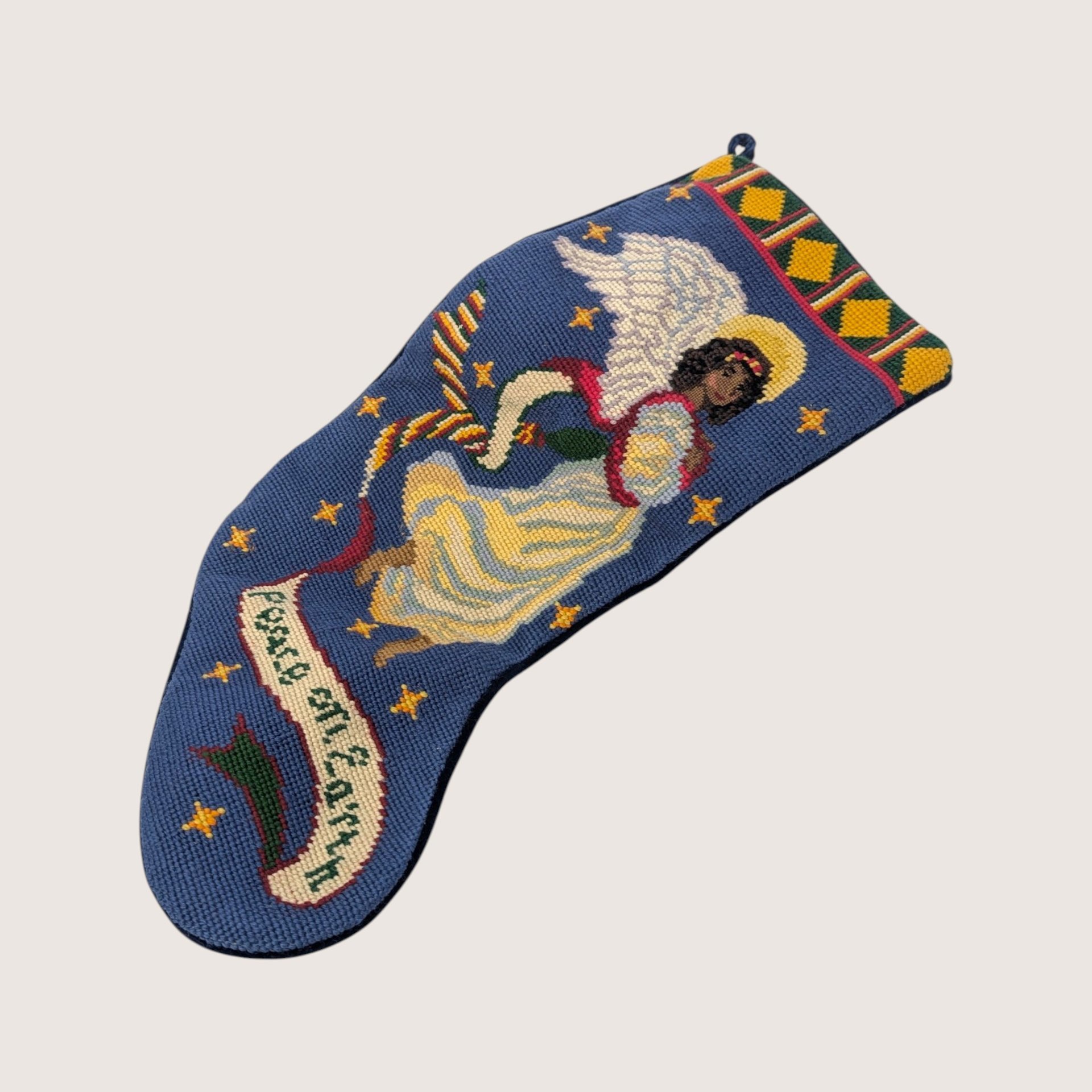 Vintage Needlepoint Christmas Stocking Angel Peace On Earth
