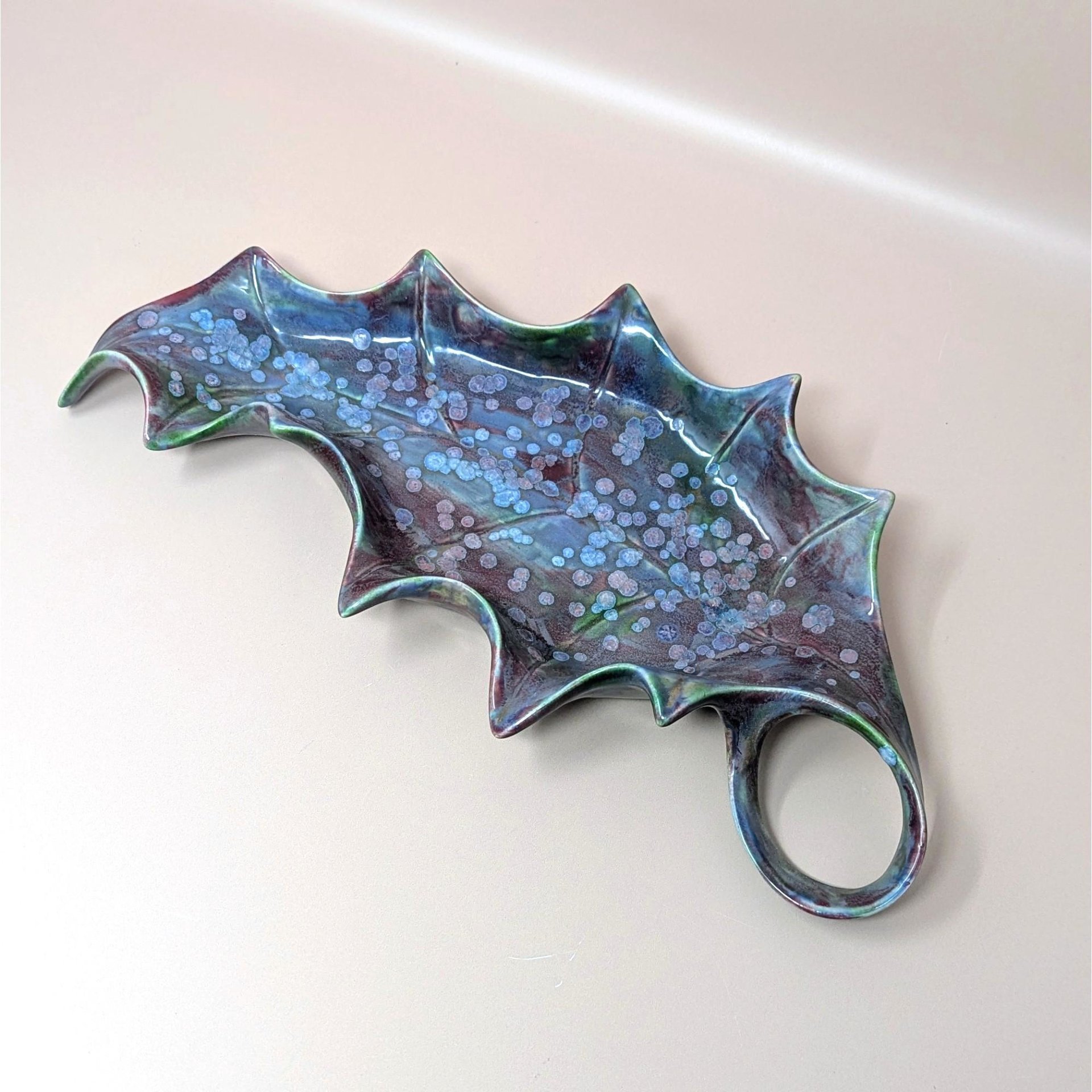 1970s Handmade Ceramic Holly Leaf Dish