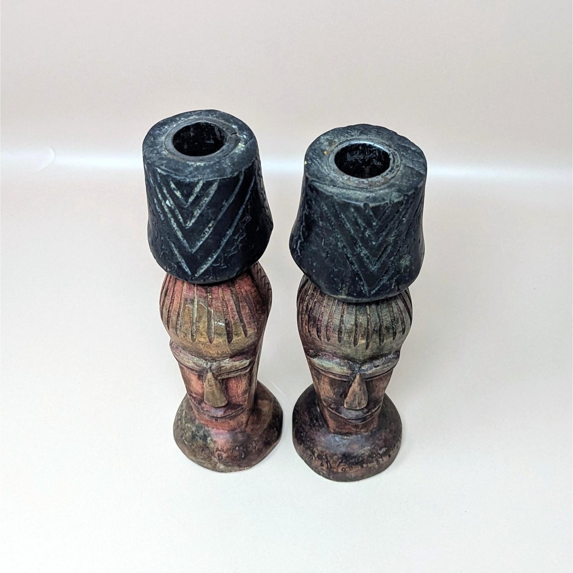 1970s Hand Carved Wood Candlestick Holders Pair