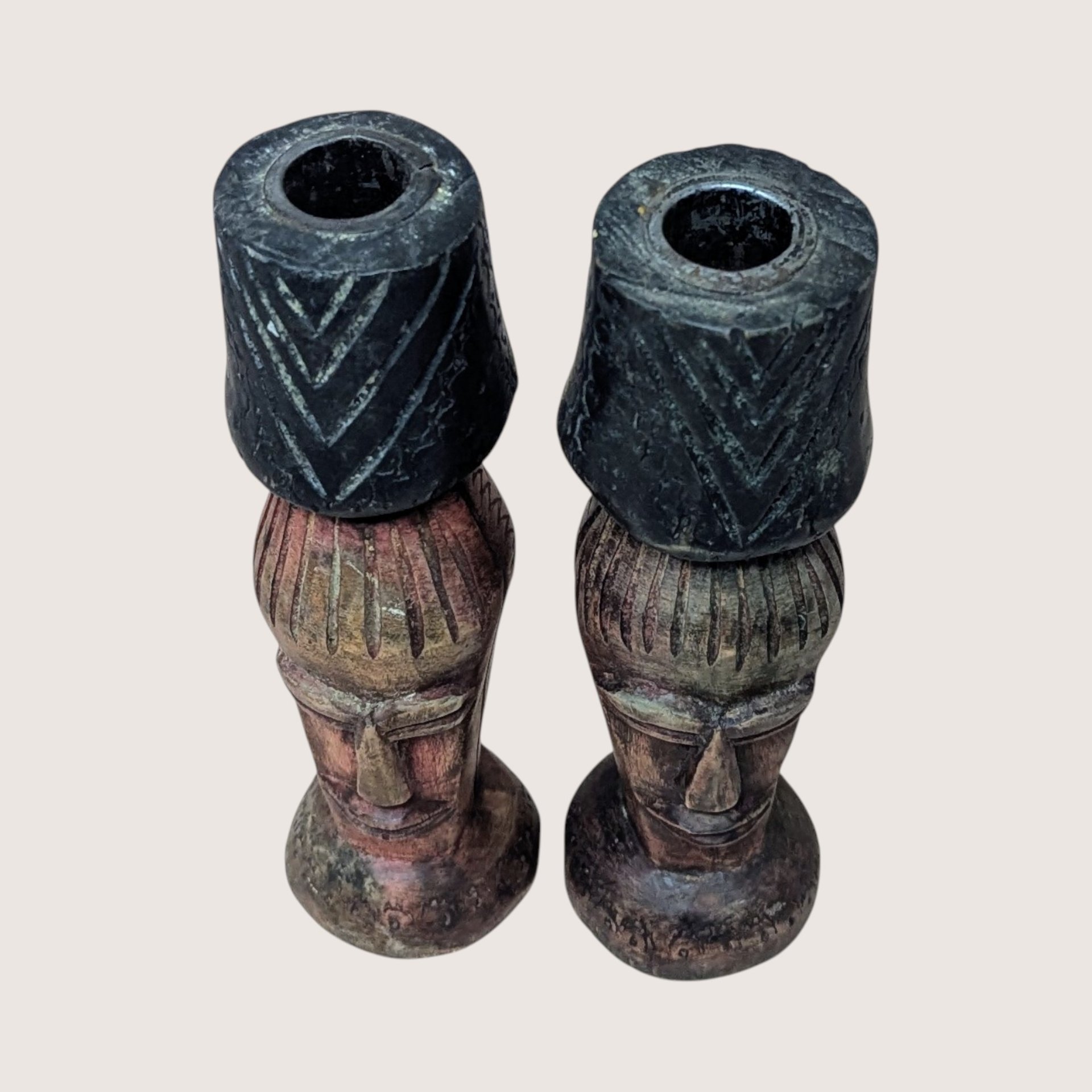 1970s African Hand Carved Wooden Figural Candlestick Holder Pair