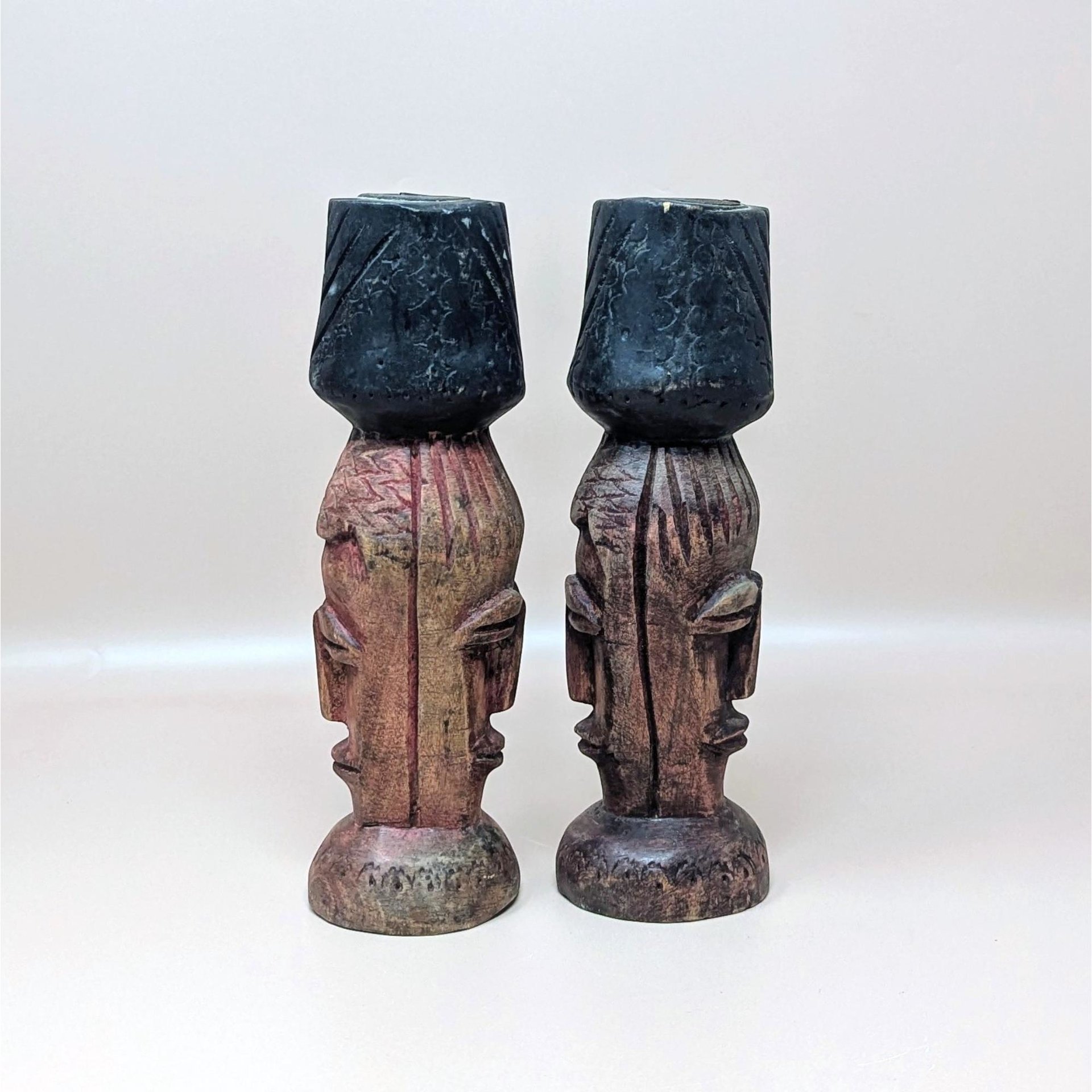 1970s Hand Carved Wood Candlestick Holders Pair