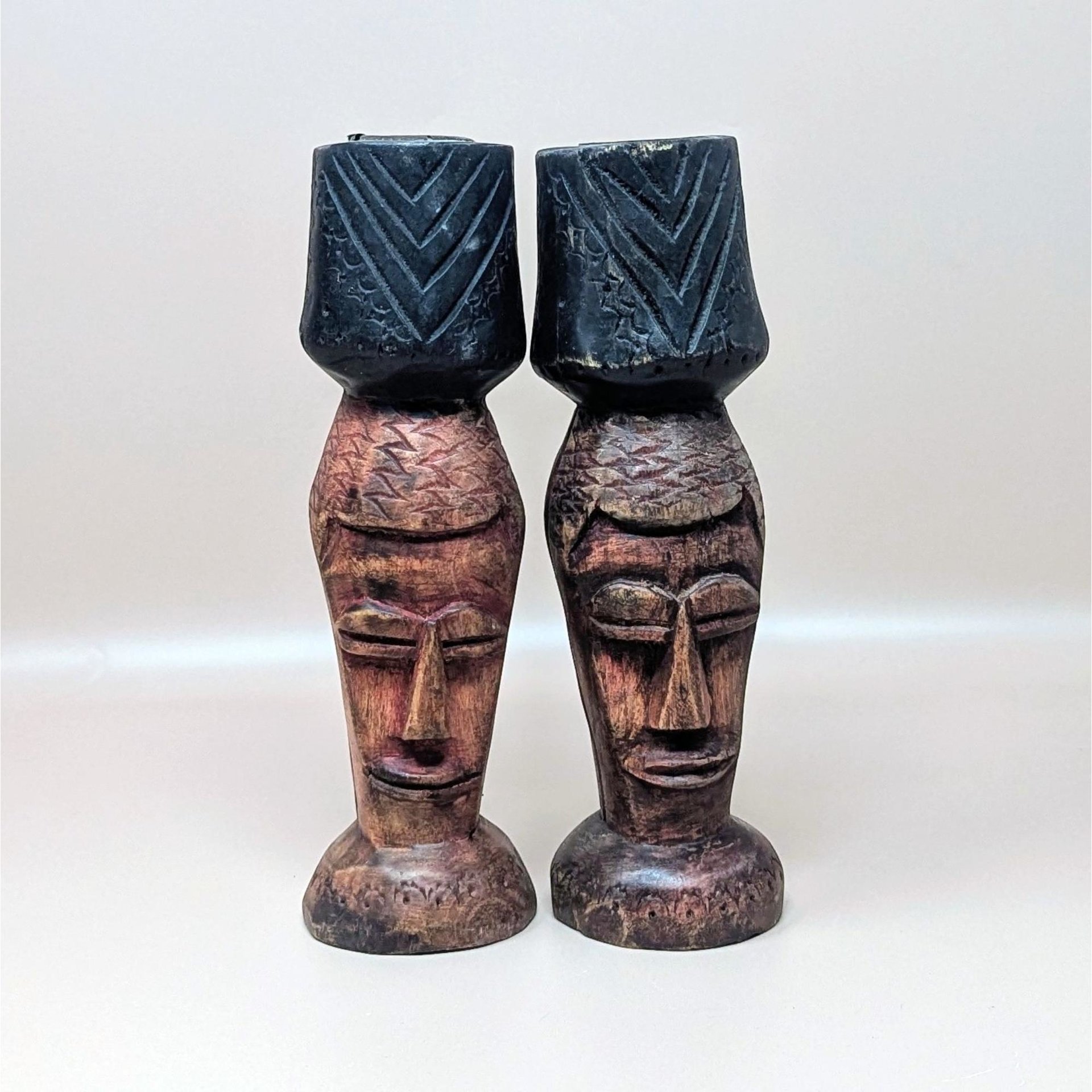 1970s Hand Carved Wood Candlestick Holders Pair