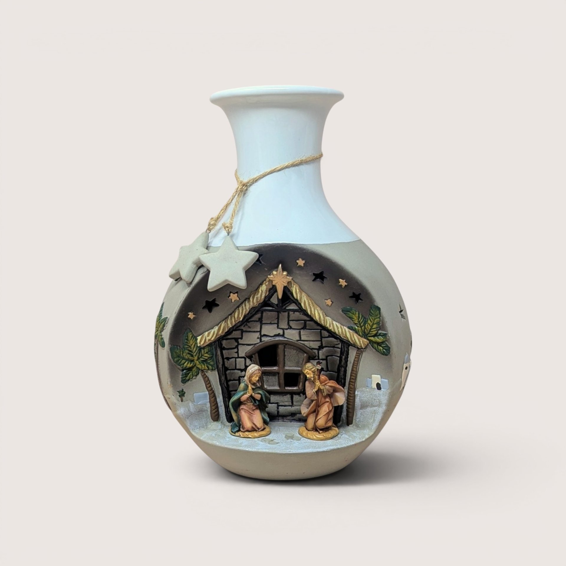Vintage 1990s white and grey ceramic light-up nativity vase with a detailed 3D Mary and Joseph stable diorama.  