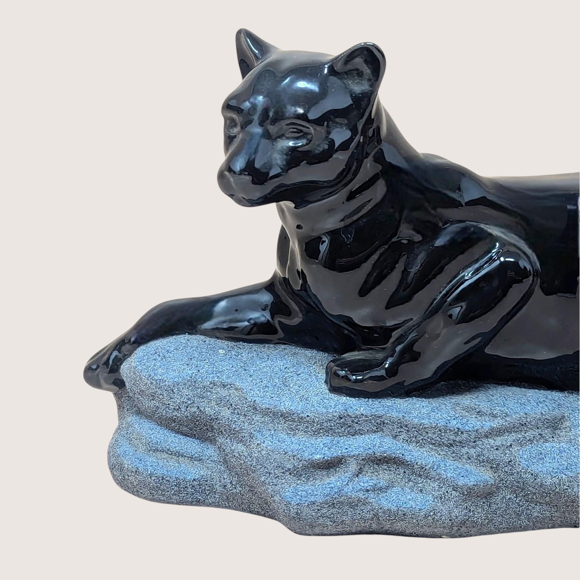 1990s Sue B Signed Ceramic Black Panther Figurine Reclining Statue