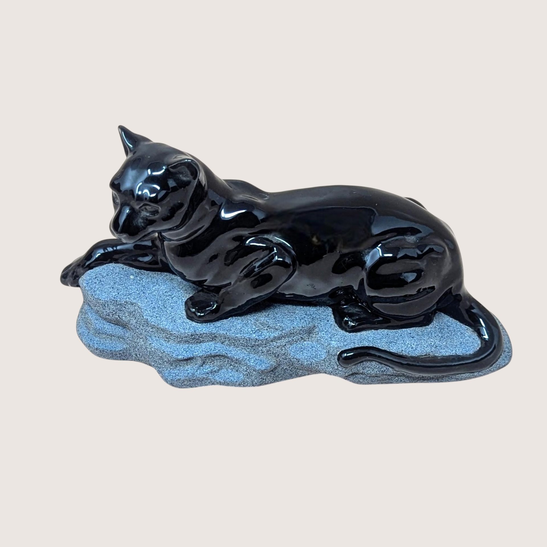 1990s Sue B Signed Ceramic Black Panther Figurine Reclining Statue