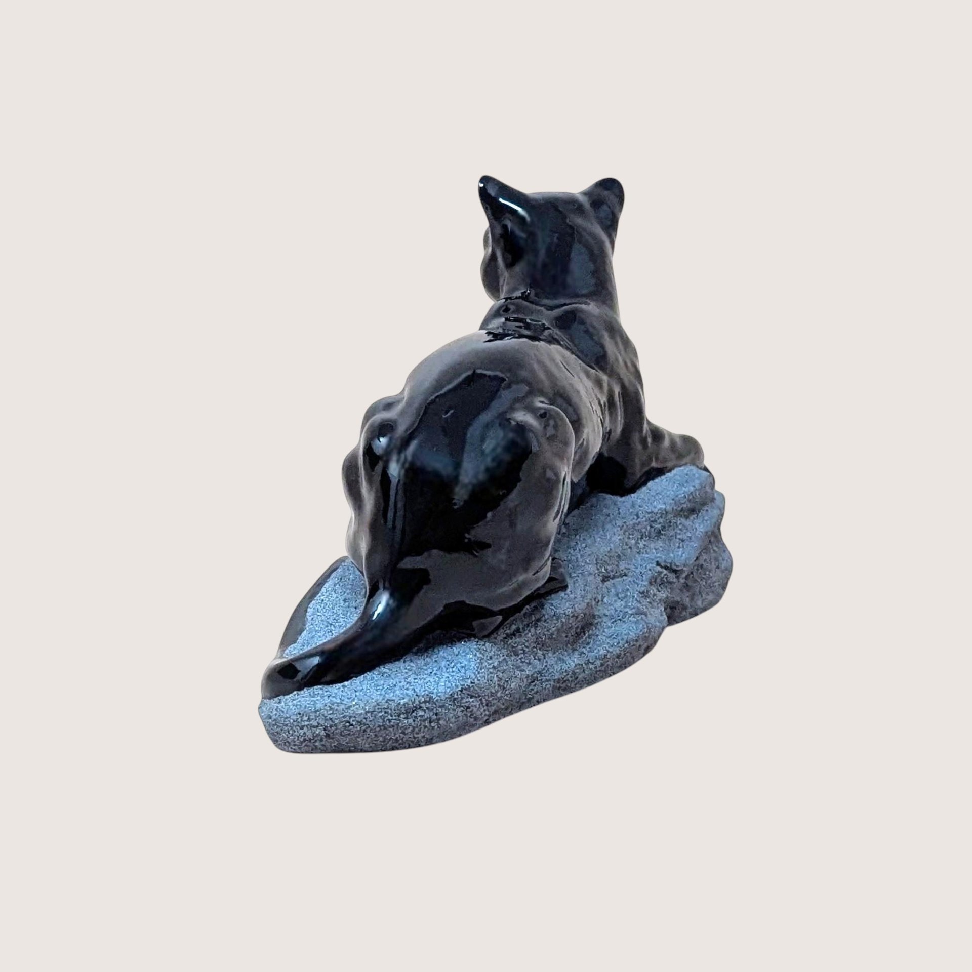 1990s Sue B Signed Ceramic Black Panther Figurine Reclining Statue