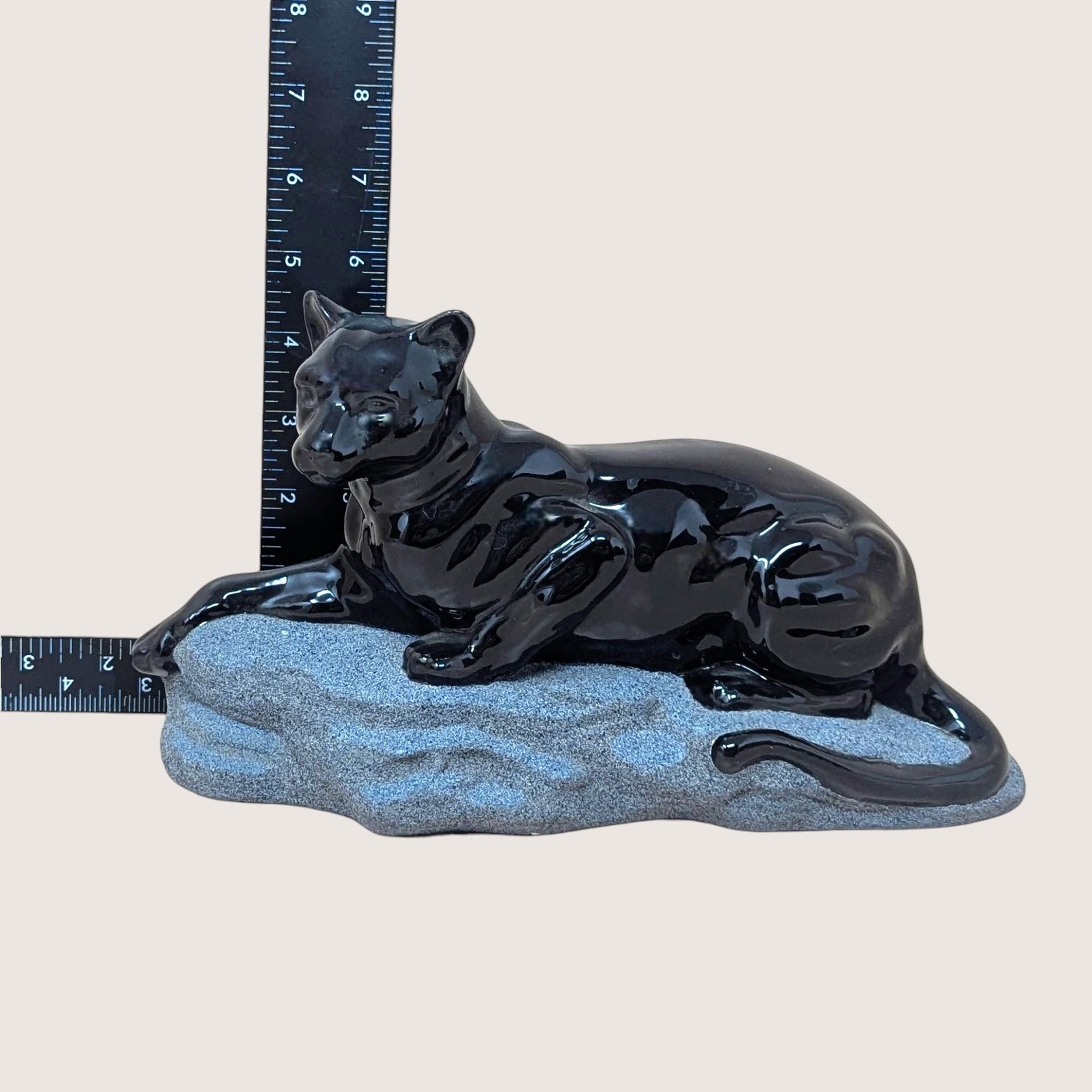 1990s Sue B Signed Ceramic Black Panther Figurine Reclining Statue