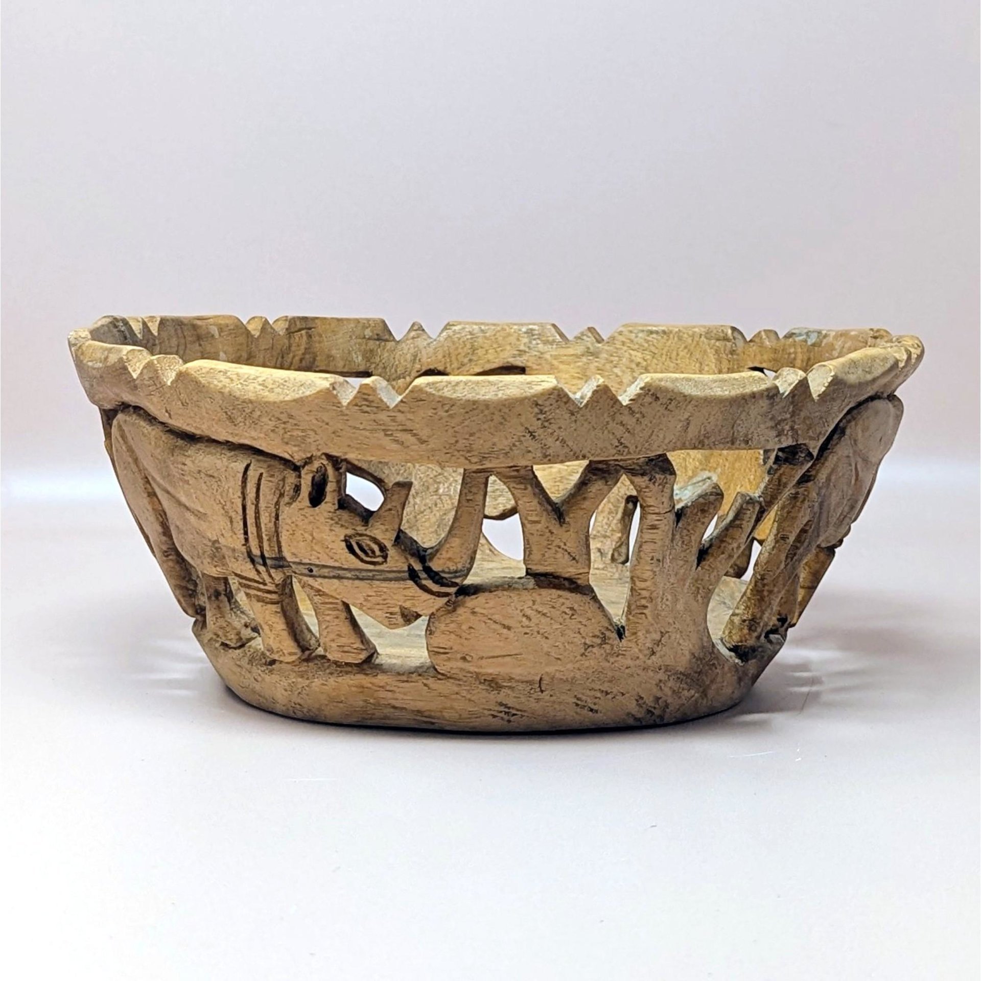 1980s Hand Carved Wood Safari Animal Bowl and Utensils Set