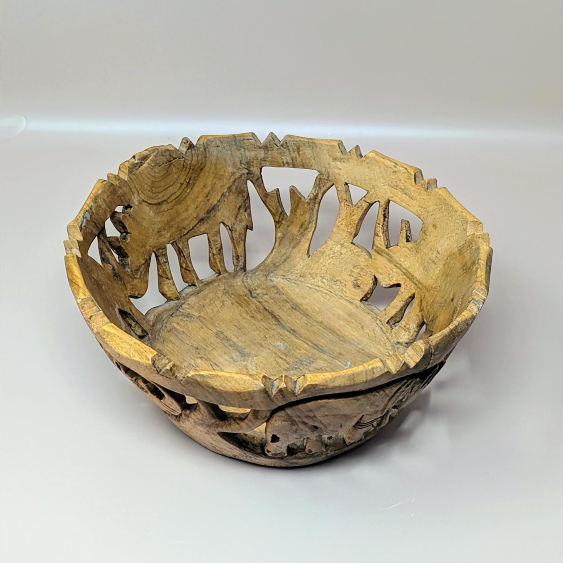 1980s Hand Carved Wood Safari Animal Bowl and Utensils Set